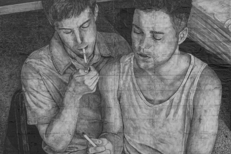 Liam and Ryan (2024) | 2024 | Pencil on fag (cigarette) papers | 39.6cm x 27.6cm
