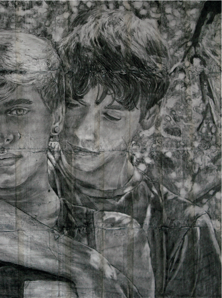 Joey and Dan | 2020 | Pencil on fag (cigarette) papers | 19.8cm x 26.7cm