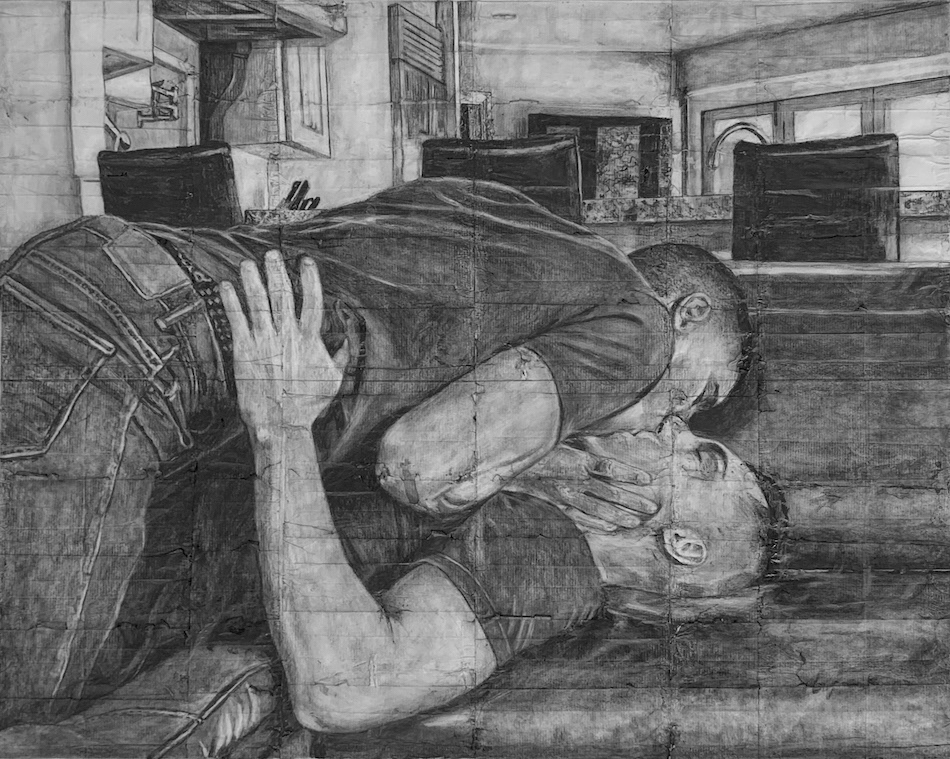 Adrian and Rowan | 2024 | Pencil on fag (cigarette) papers | 33.9cm x 27.3m