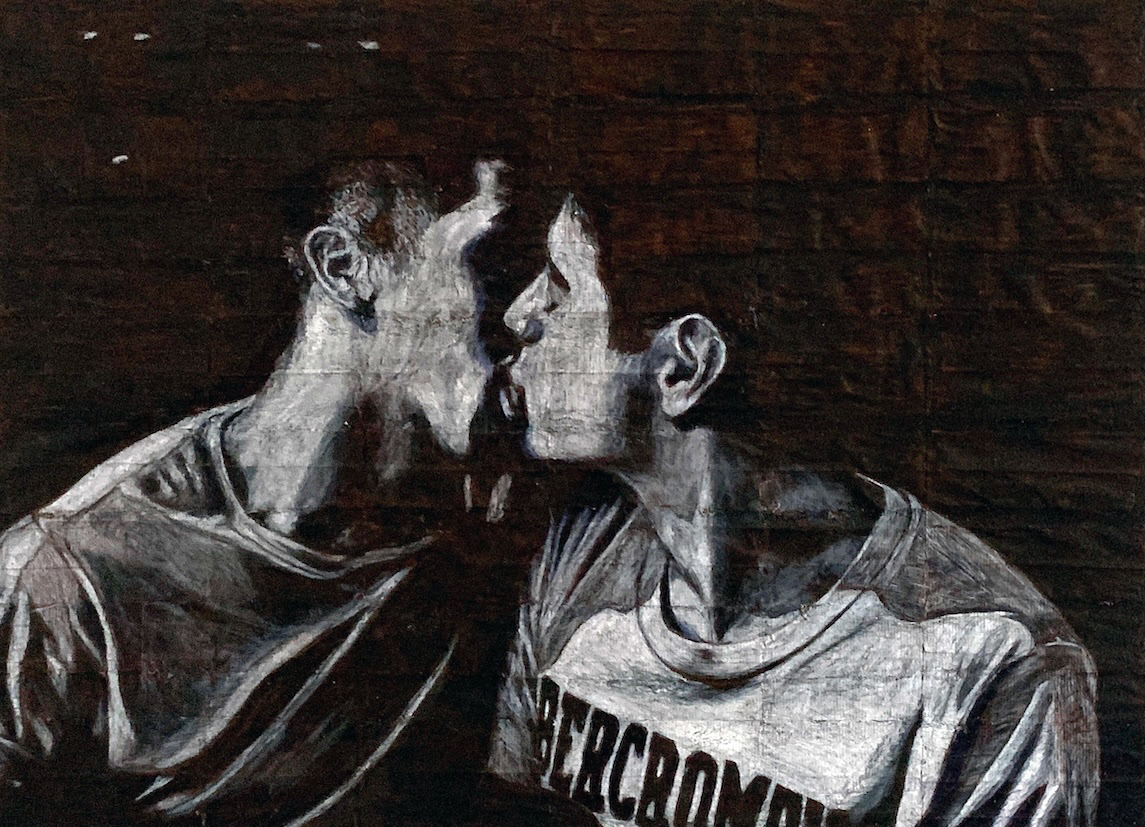 Julian and Andre   |   2026   |   Black and white coloured pencils on liquorice fag (cigarette) papers   |   26.3cm x 36.2cm