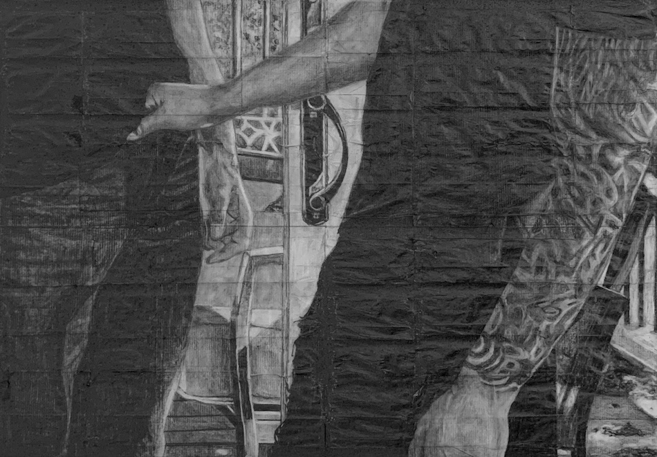 George and Ronnie | 2024 | Pencil on fag (cigarette) papers | 28.4cm x 19.8cm