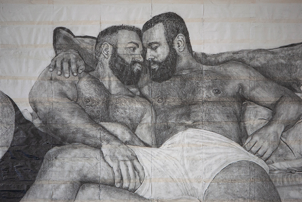 Benjamin and Xavier | 2022 | Pencil on fag (cigarette) papers | 40.2cm x 26.9cm