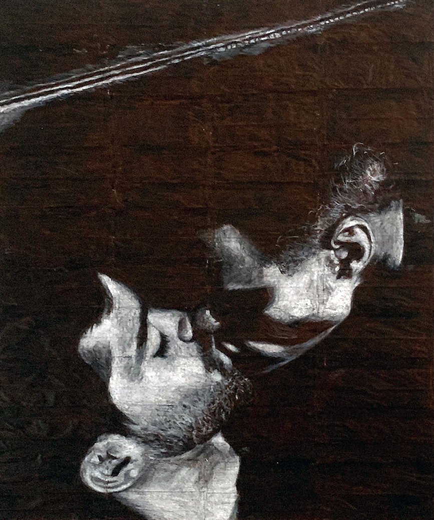 Stefan and Ricky   |   2026   |   Black and white coloured pencils on liquorice fag (cigarette) papers   |   31.5cm x 26.3cm