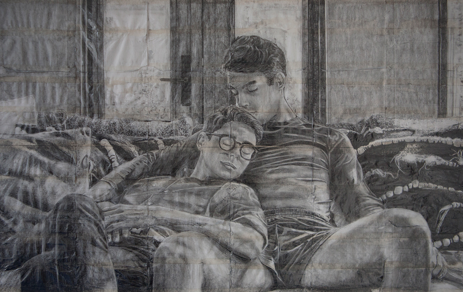 Jack and Edward | 2021 | Pencil on fag (cigarette) papers | 40cm x 25.2cm