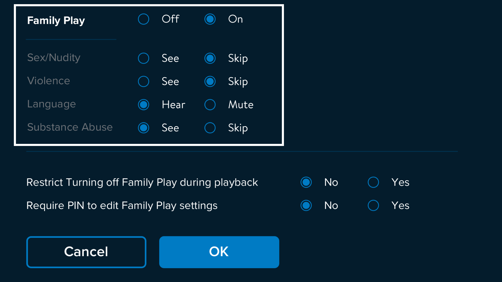 Key element from Family Play where it showcases the options.