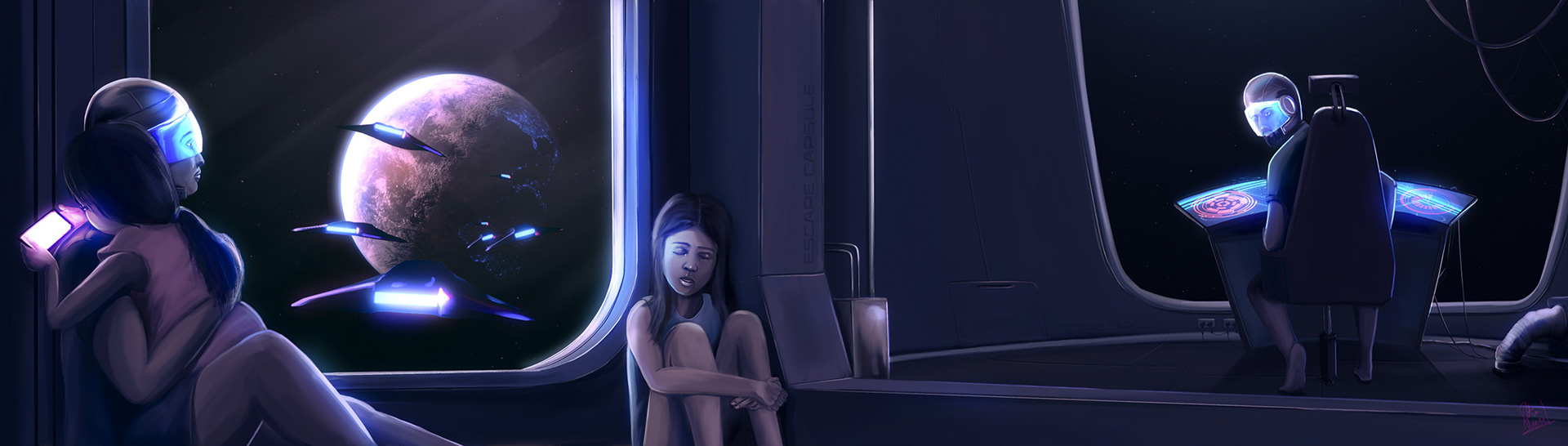 Panoramic painting created for my short film 'A New Home'. Shuttle interior painted using Rebelle 5 and Photoshop. Outer space scene created in Blender and After Effects.