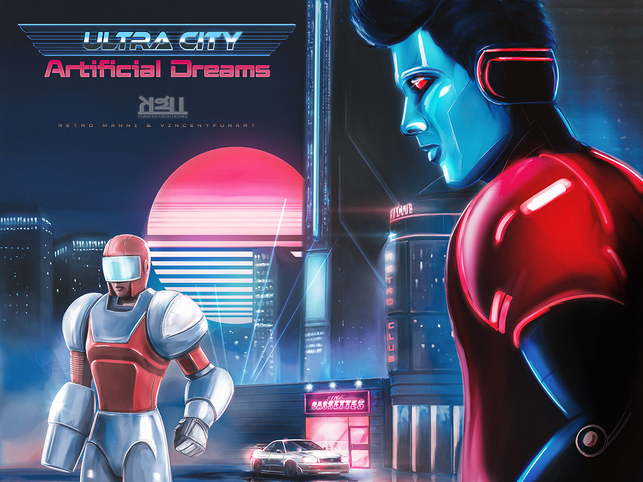 Poster for the short film Artificial Dreams: Conscious Intelligence. Painted using Rebelle 5 and Photoshop, inspired by AI artwork from Vincentfunart.