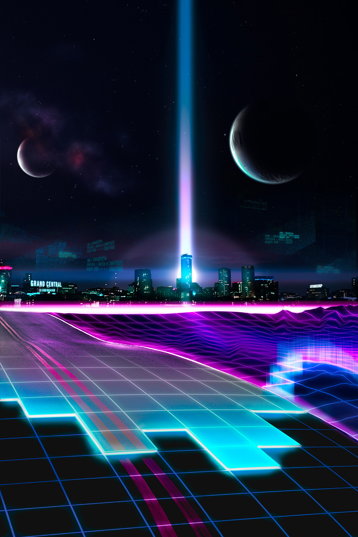 Retrowave City. Mix of my photography and photobashed elements. Created in Photoshop.