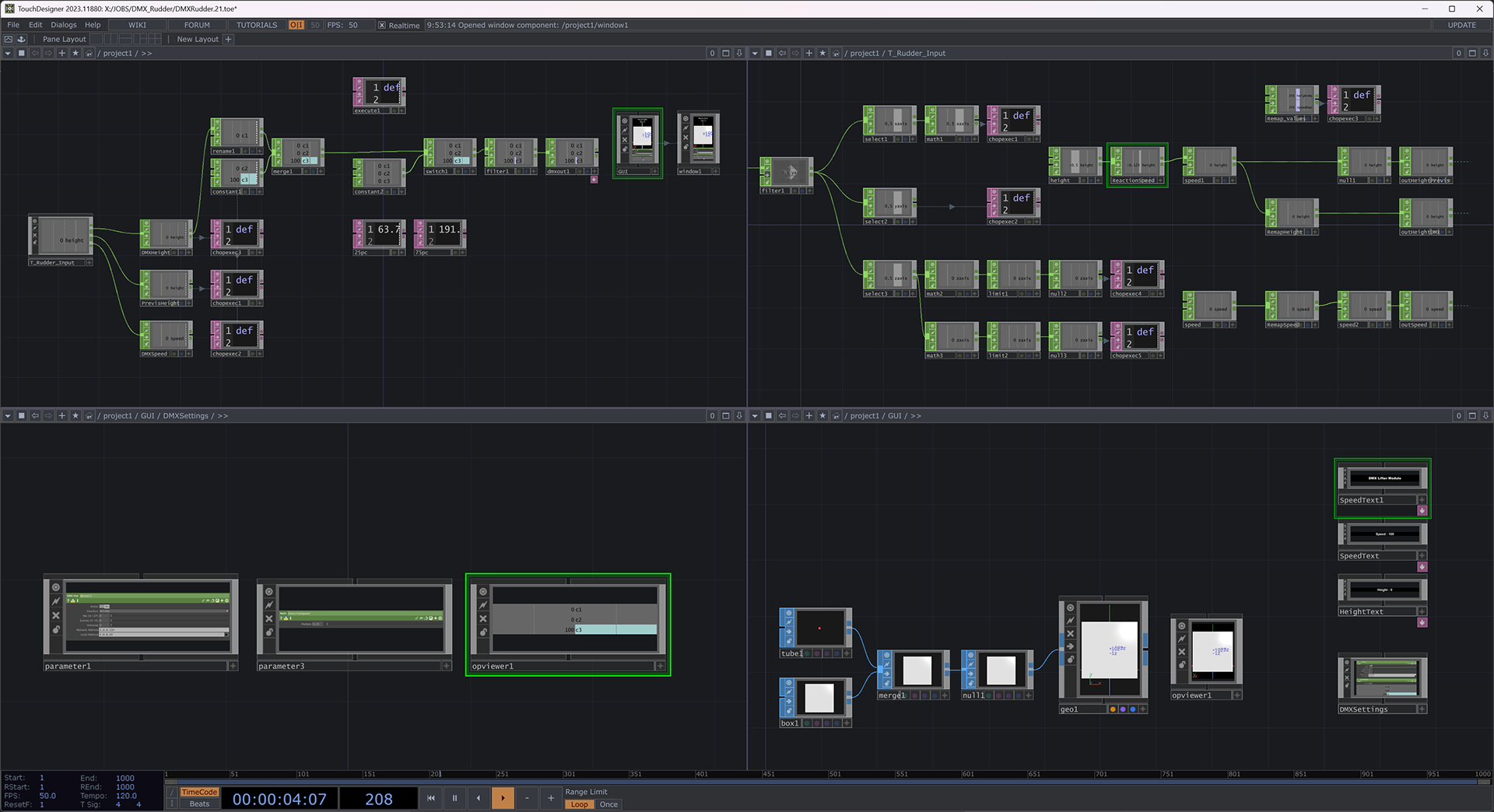 Touchdesigner network for DMX controlled lifter with Rudder foot pedals