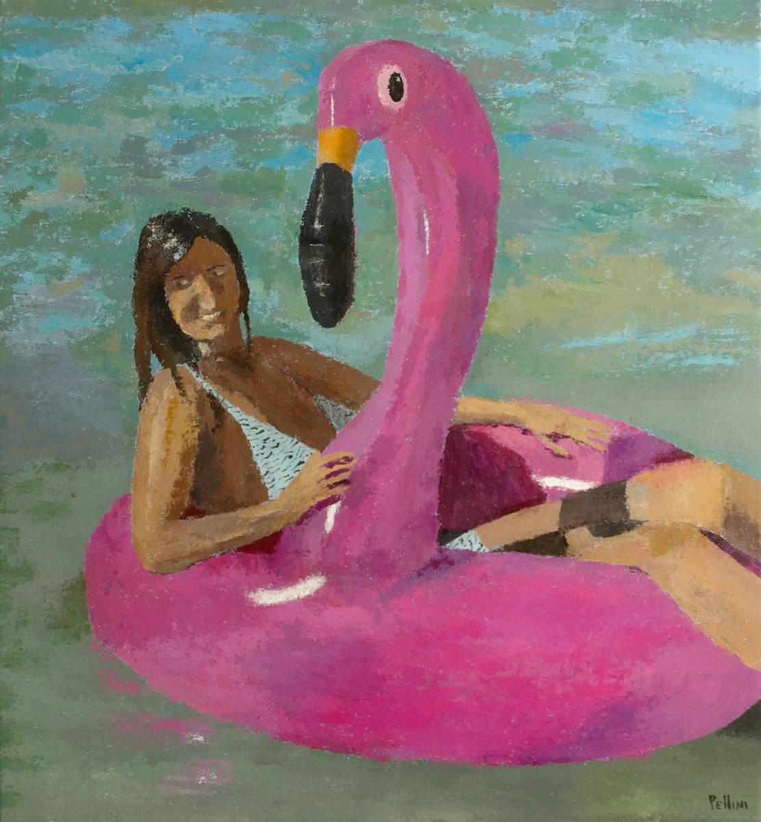 Uncertain flamingo, 2023, acrylic on canvas, cm 80 × 74