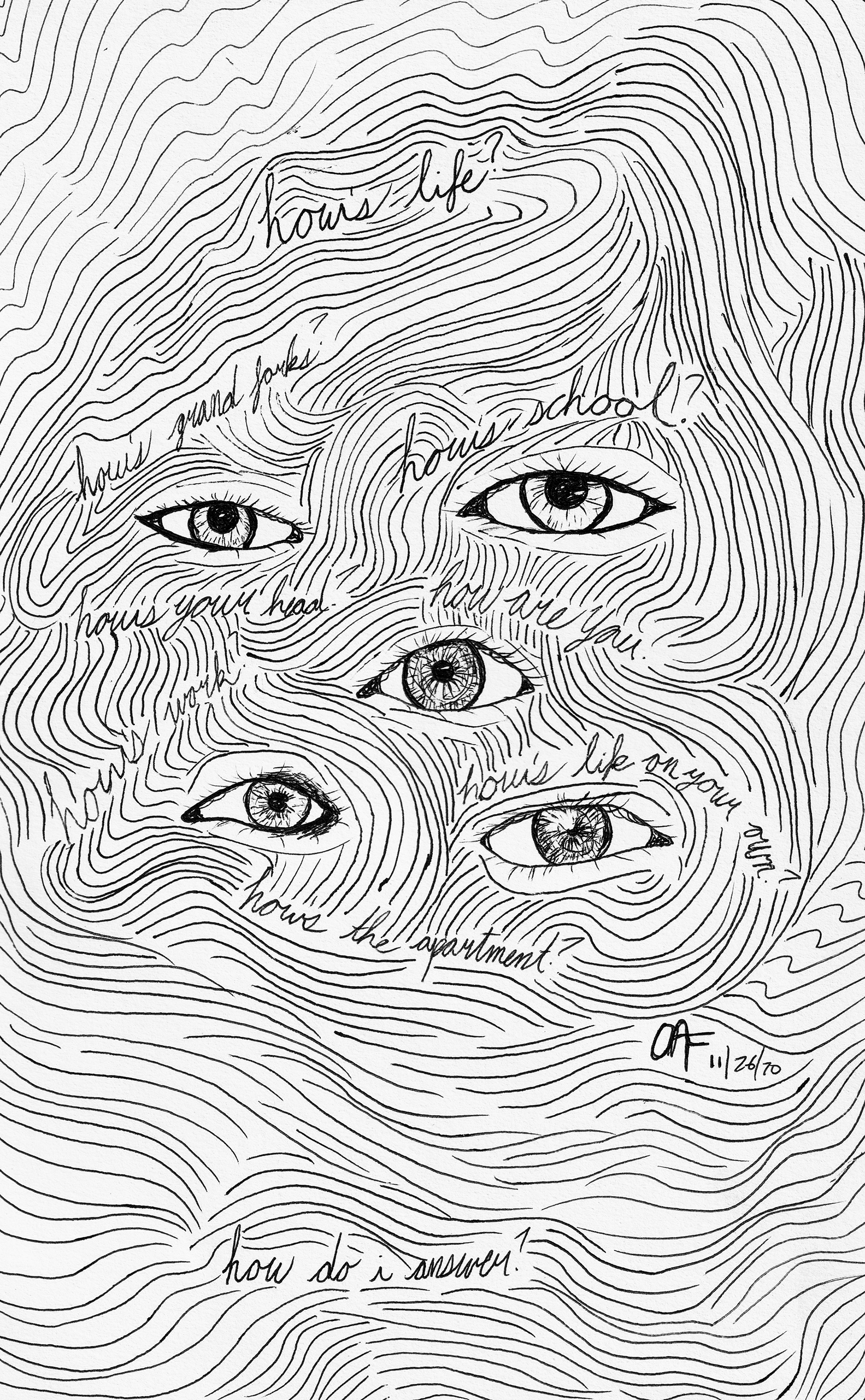 How's Life? ; G-2 Gel pen on manila paper 7x11.25" (2021)