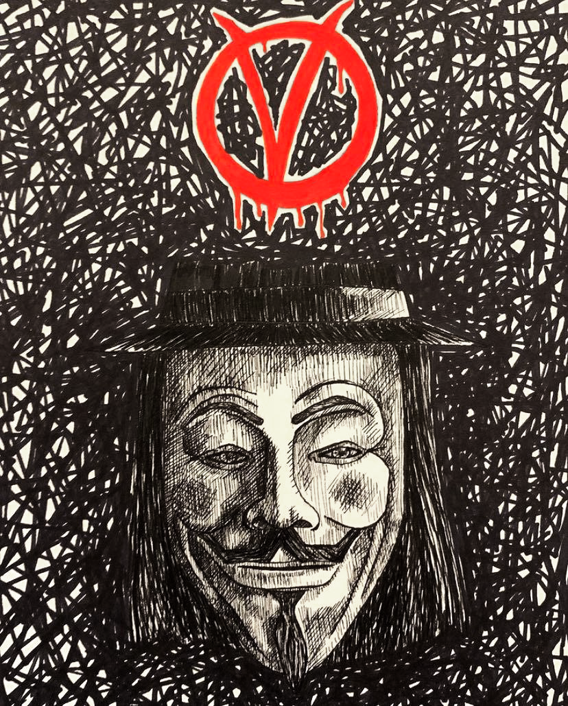 V for Vendetta ; 9x12" black and red G-2 gel pen and micron pens on sketchbook paper (2020)