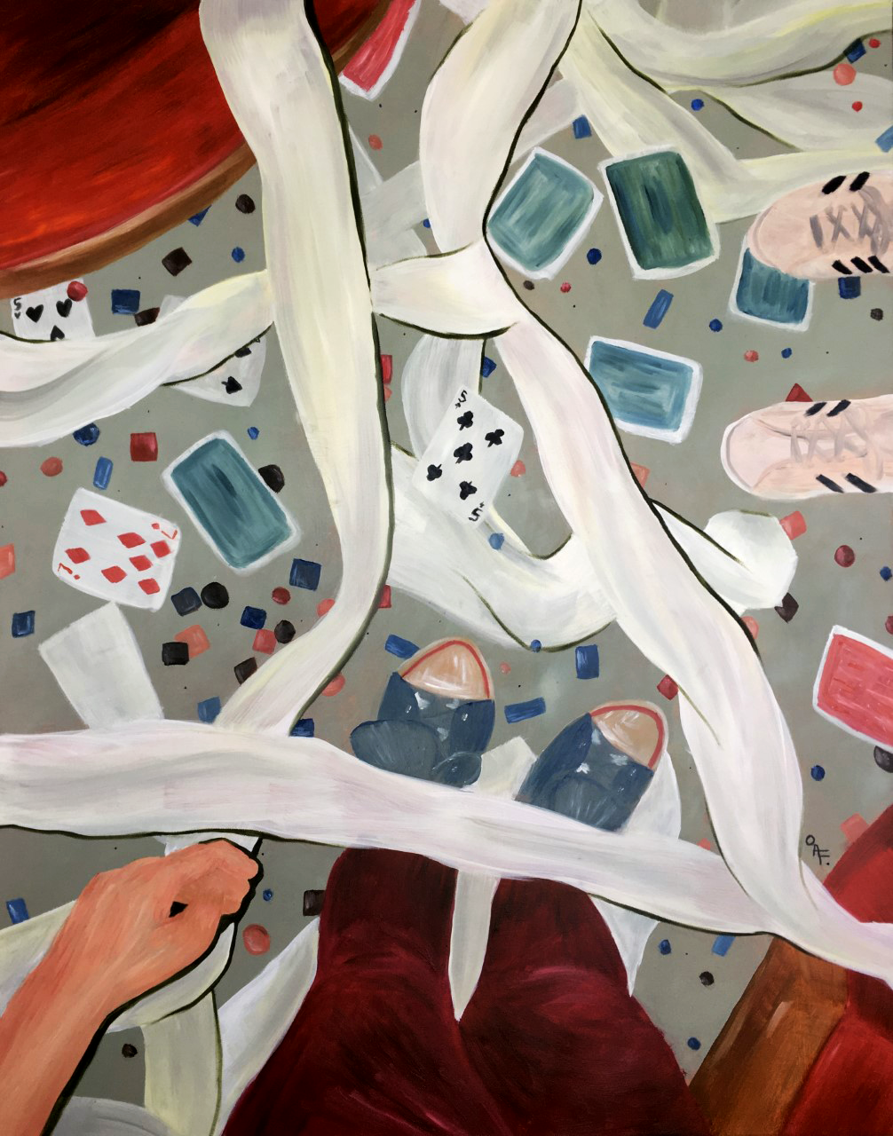 Science Fiction, Double Feature ; 24x30" recycled canvas, oil paint (2020)