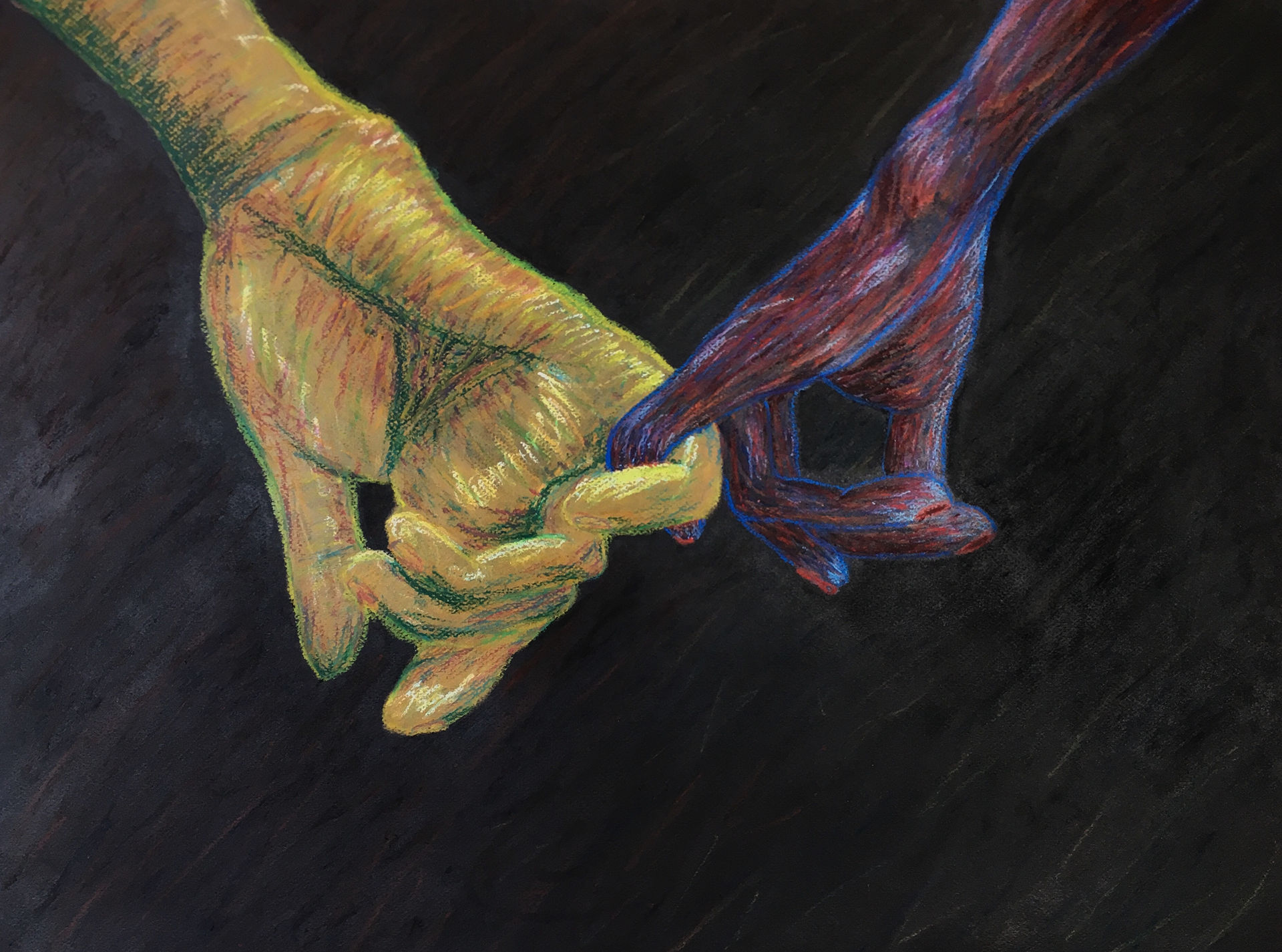 Hands Tied ; 19x25" black drawing paper, oil pastel (2019)