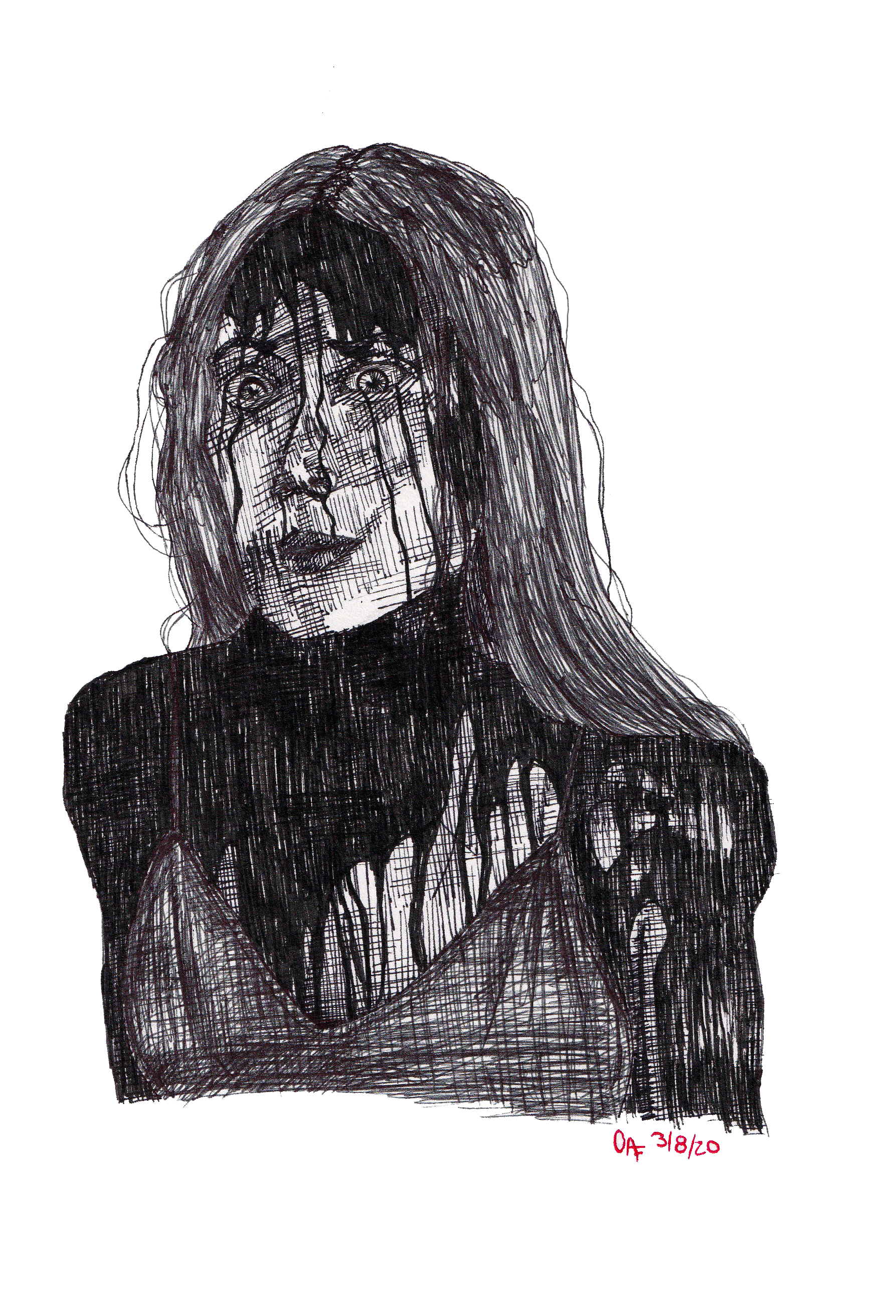 Carrie ; sketchbook paper, G-2 gel pen and Micron pens, 8.5x12" (2020)