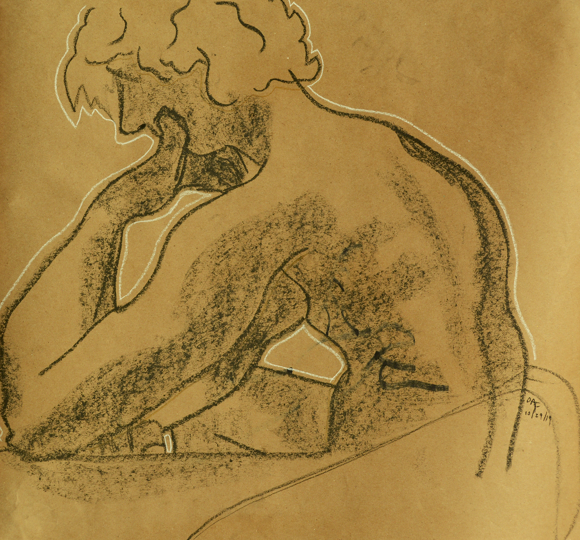 Hmmmm ; 18x18" vine charcoal and conte crayon on brown kraft paper (2019)
