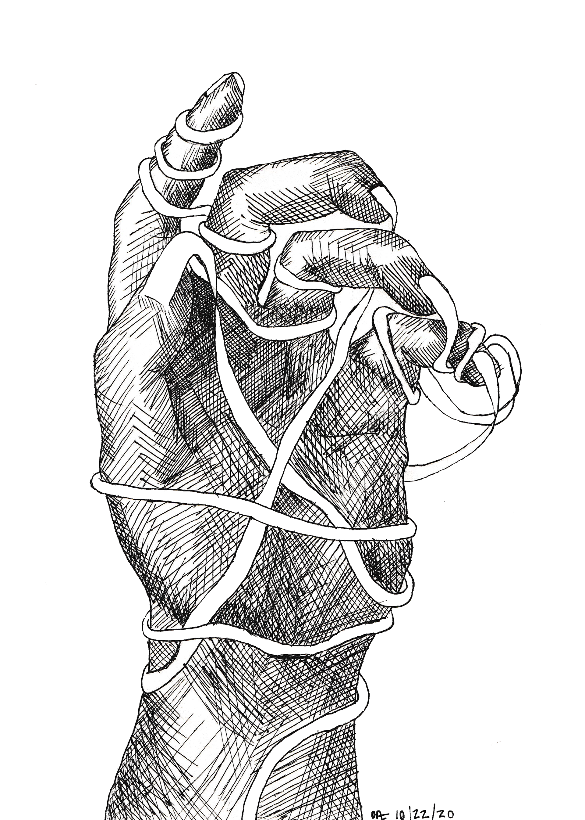 All Tied Up ; G-2 gel pen on manila paper, 7x11.25" (2020)