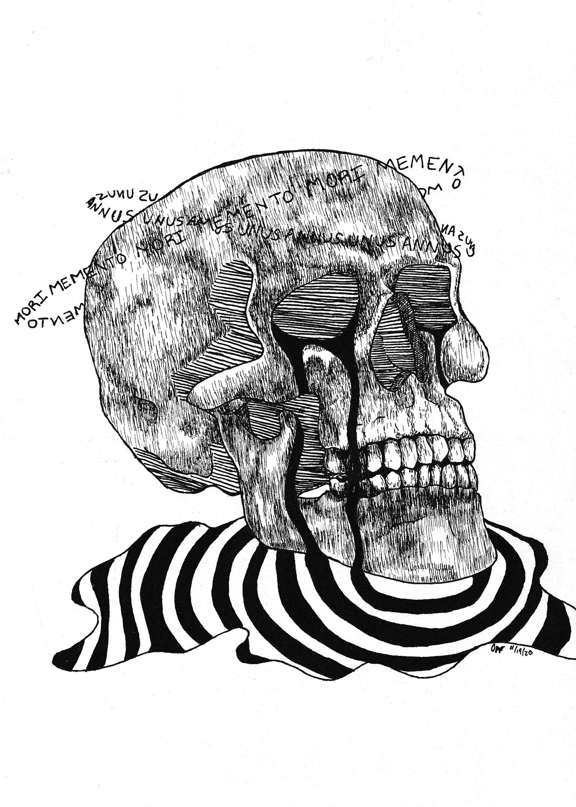 Memento Mori ; G-2 gel pen on manila paper, 7x11.25" (2020)