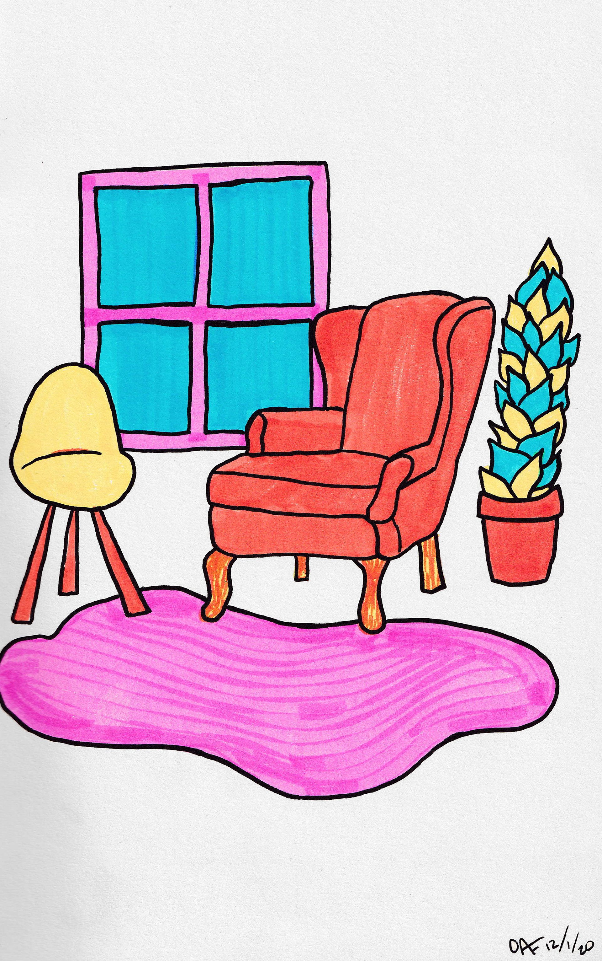 Retro Interior ; Sharpie and highlighter on manila paper 7x11.25" (2021)