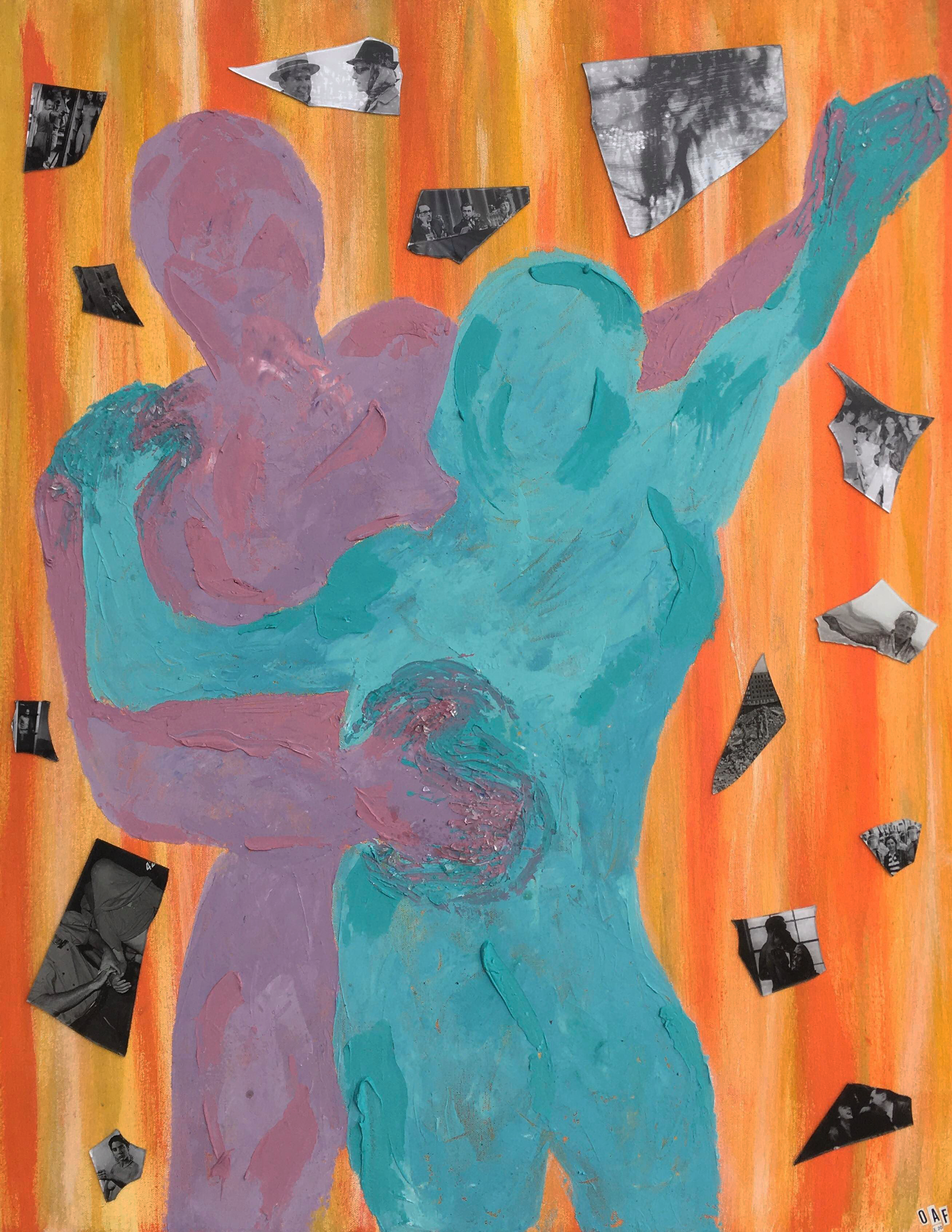 We Hold Each Other ; 28x35" canvas, acrylic paint, gel medium, modeling paste, glass shards and magazine scraps (2020)
