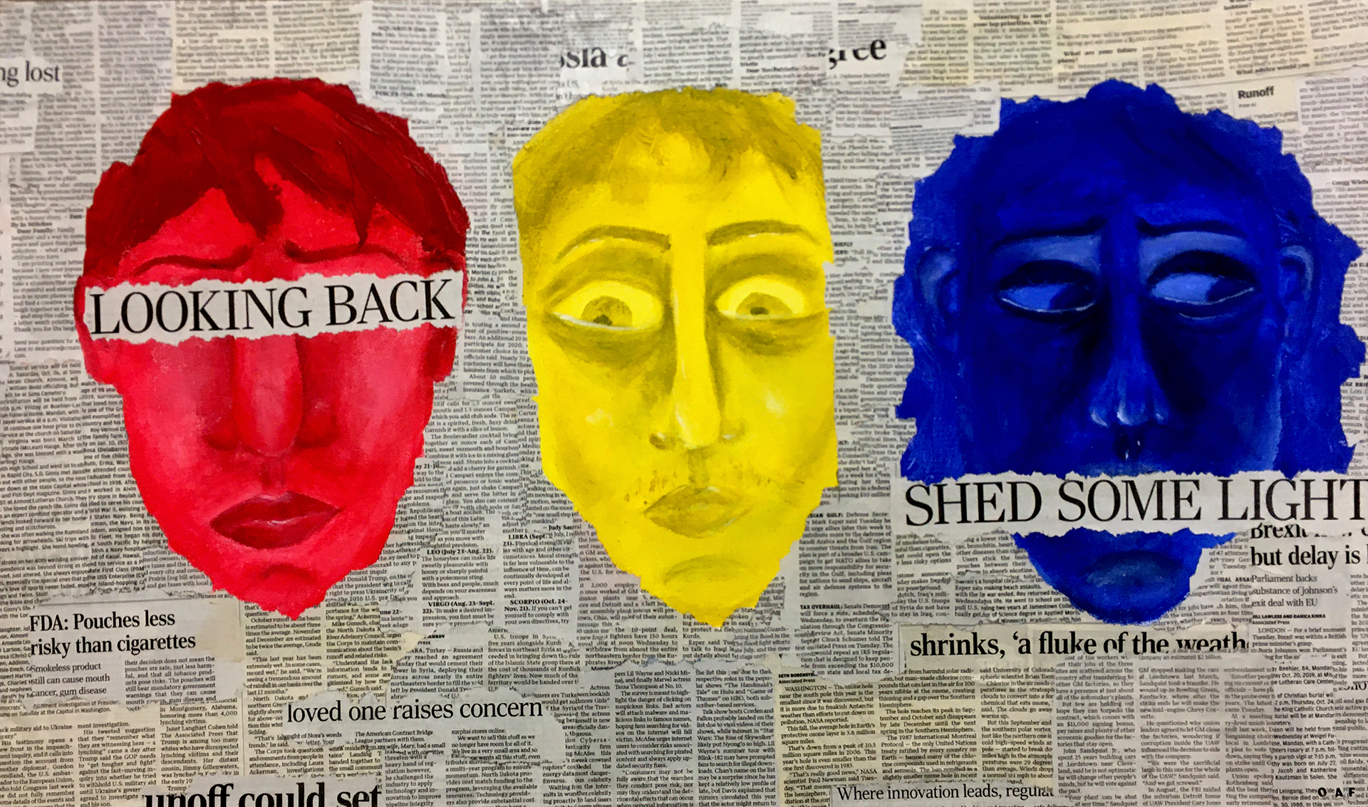 $50 ; "think no evil" ; acrylic paint, newspaper, mod-podge on canvas, 18x30" (2019)