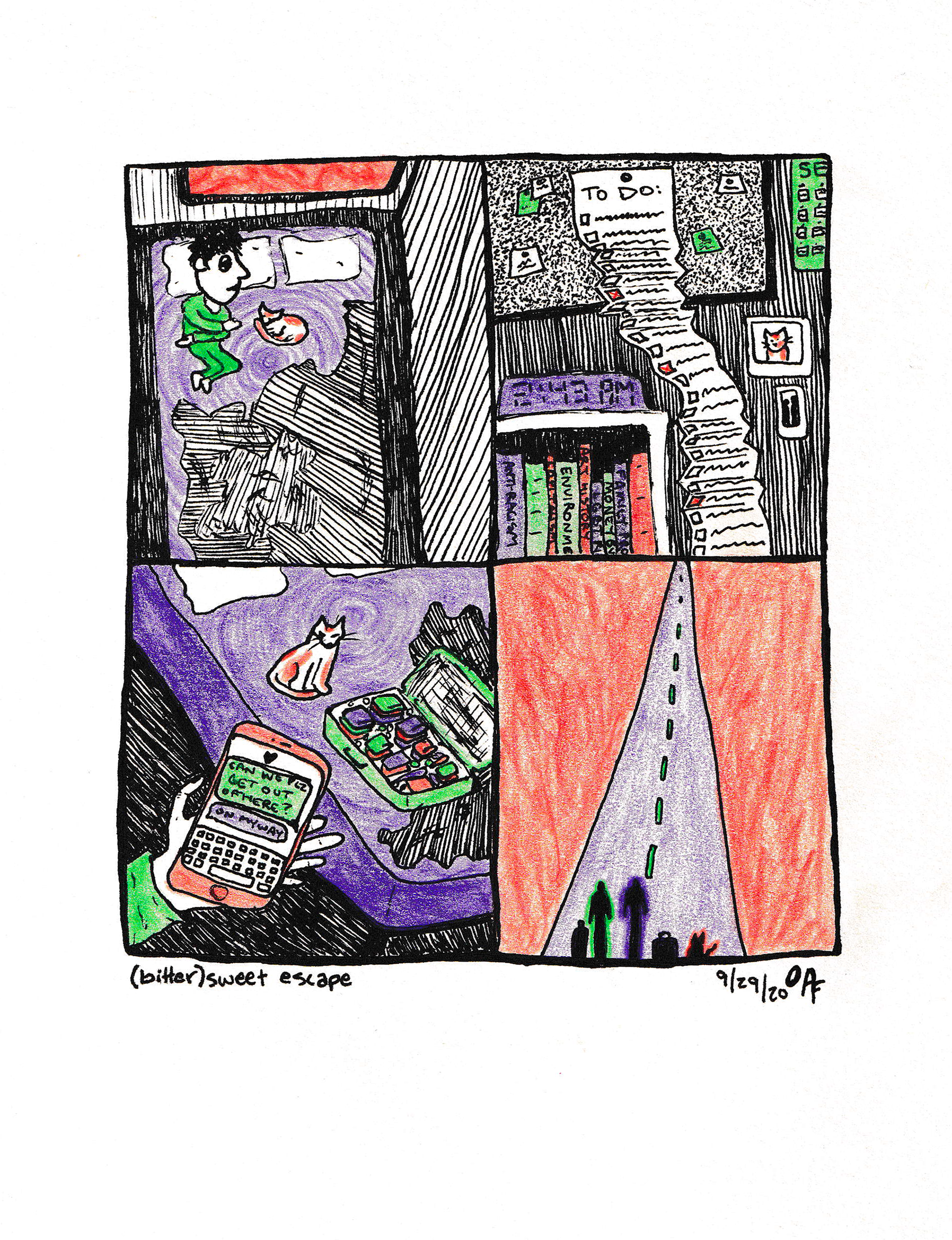 (bitter)sweet escape ; G-2 gel pen, prismacolor colored pencil on manila paper, 4.75x5.5" (2020)