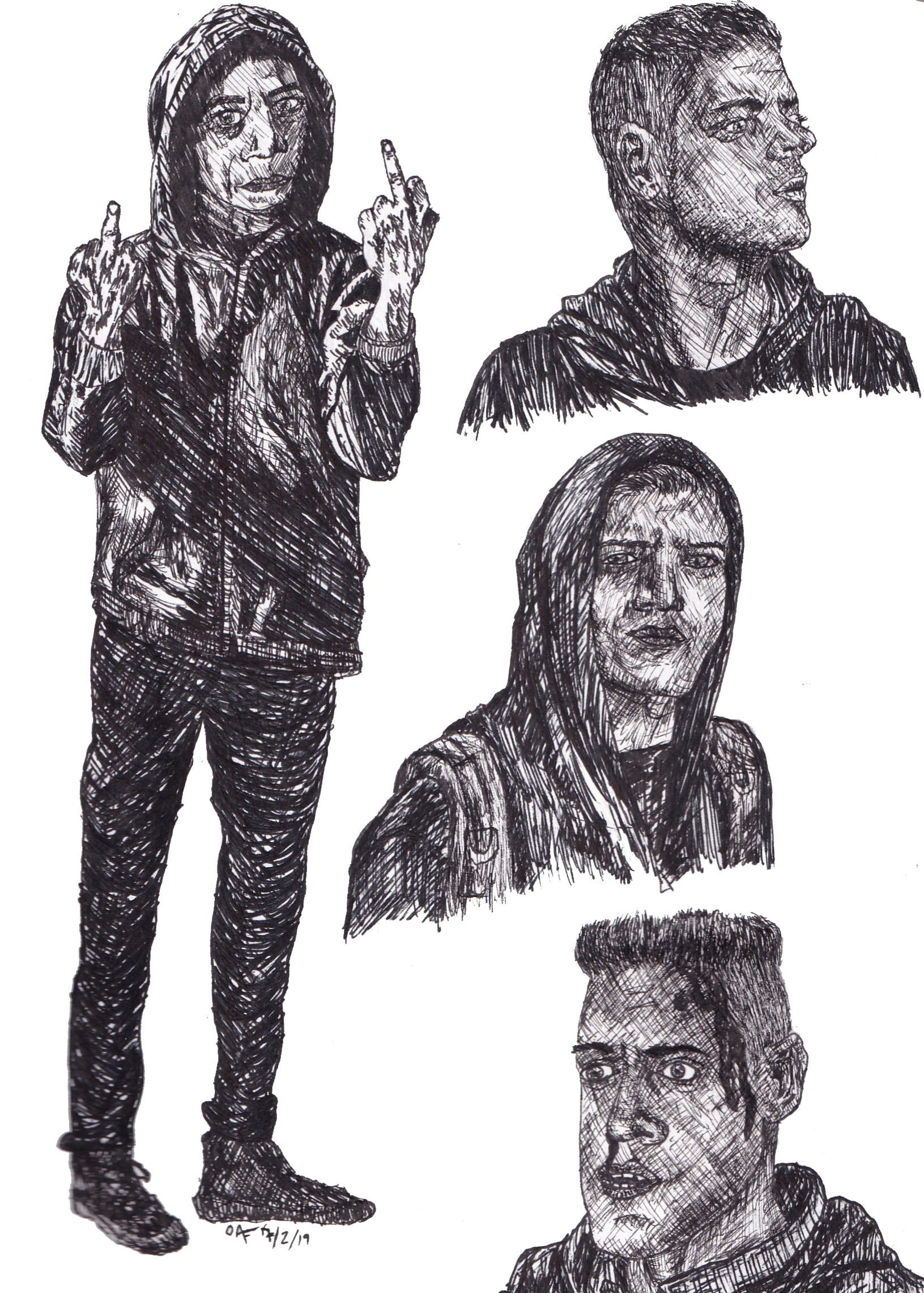 Mr. Robot ; sketch paper, G-2 gel pen and Micron pens, 6x8" (2019)