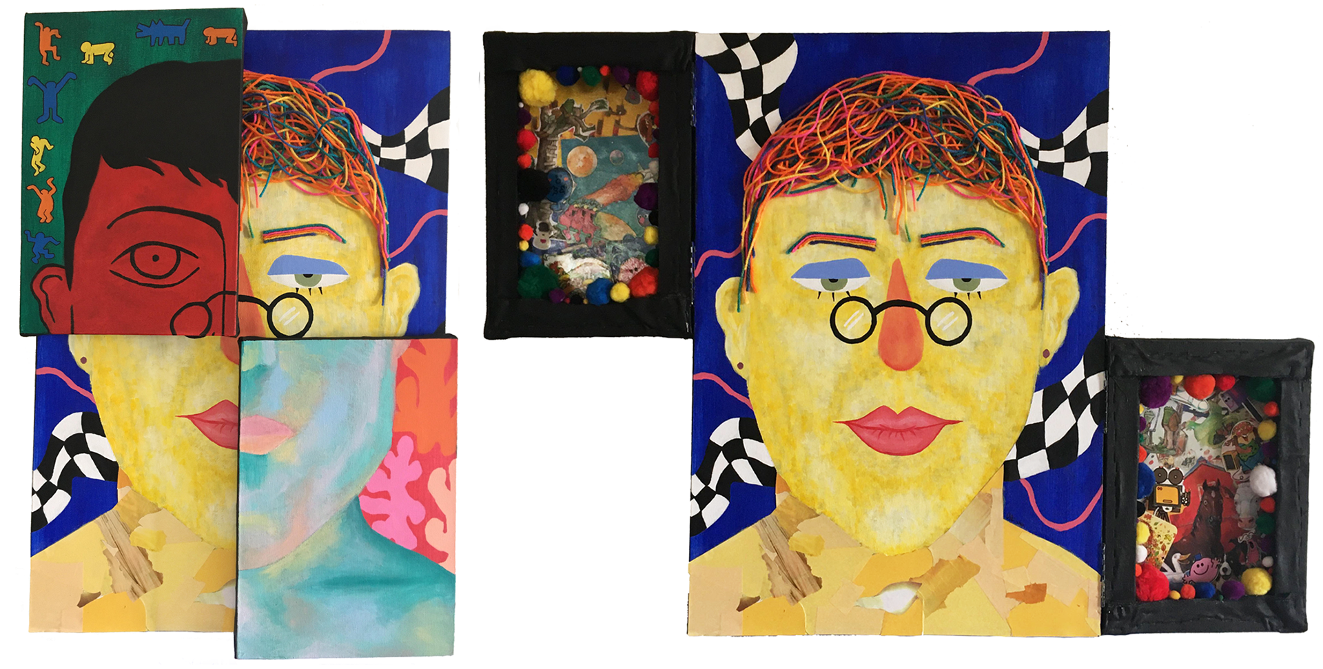 Ode to Joy ; 20x24" canvas, acrylic paint, yarn, hot glue, magazine/book scraps, pom-poms, and mod-podge (2020)