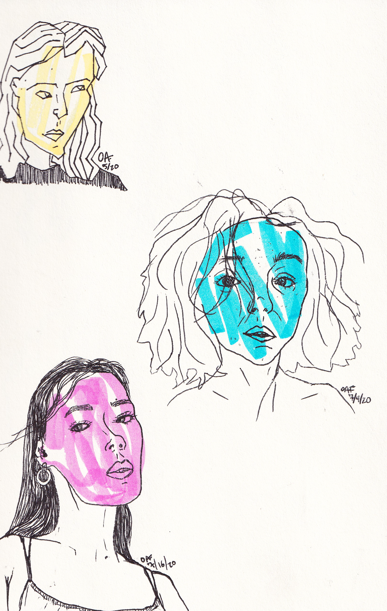 III ladies ; G-2 Gel pen and highlighter on sketchbook paper 9x12" (2020)