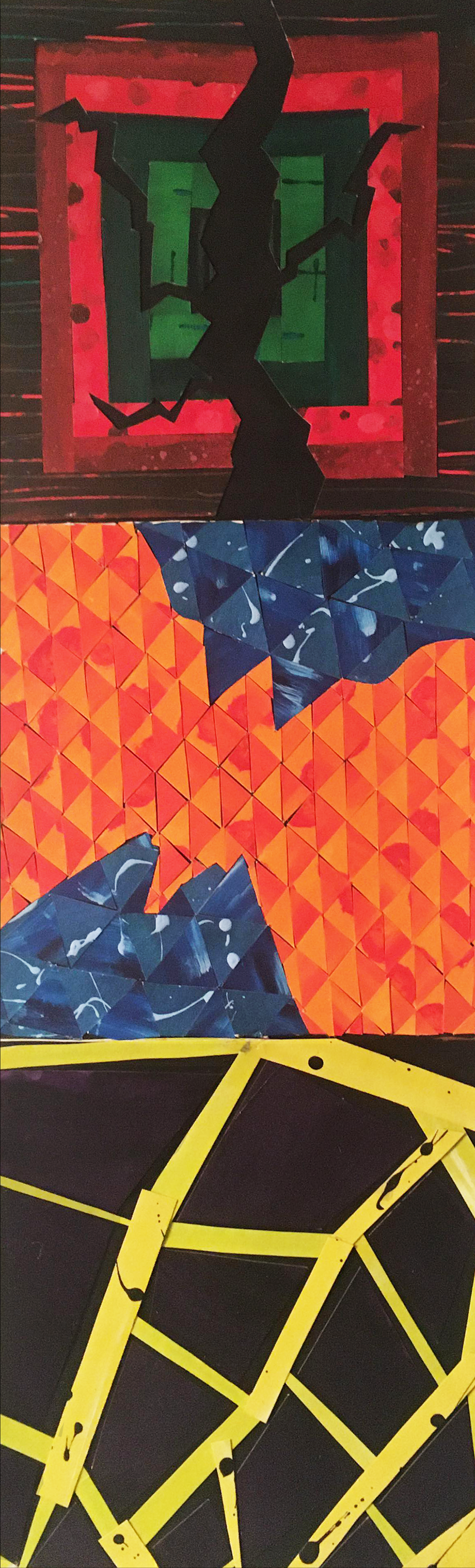 The Butterfly Effect 12x36" cardboard, textured paper, acrylic paint, and hot glue (2020)