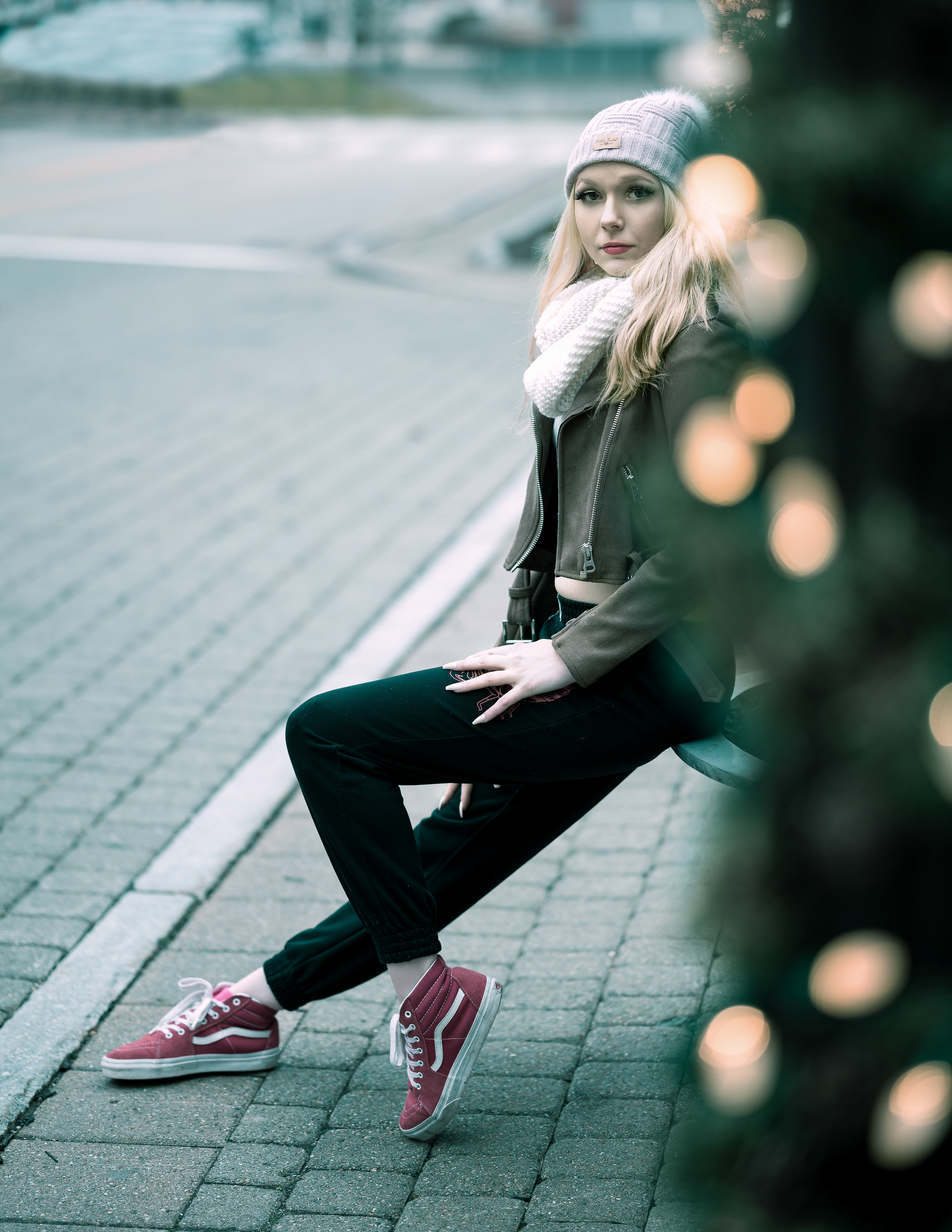 Winter themed portrait photo of Amanda in an urban setting