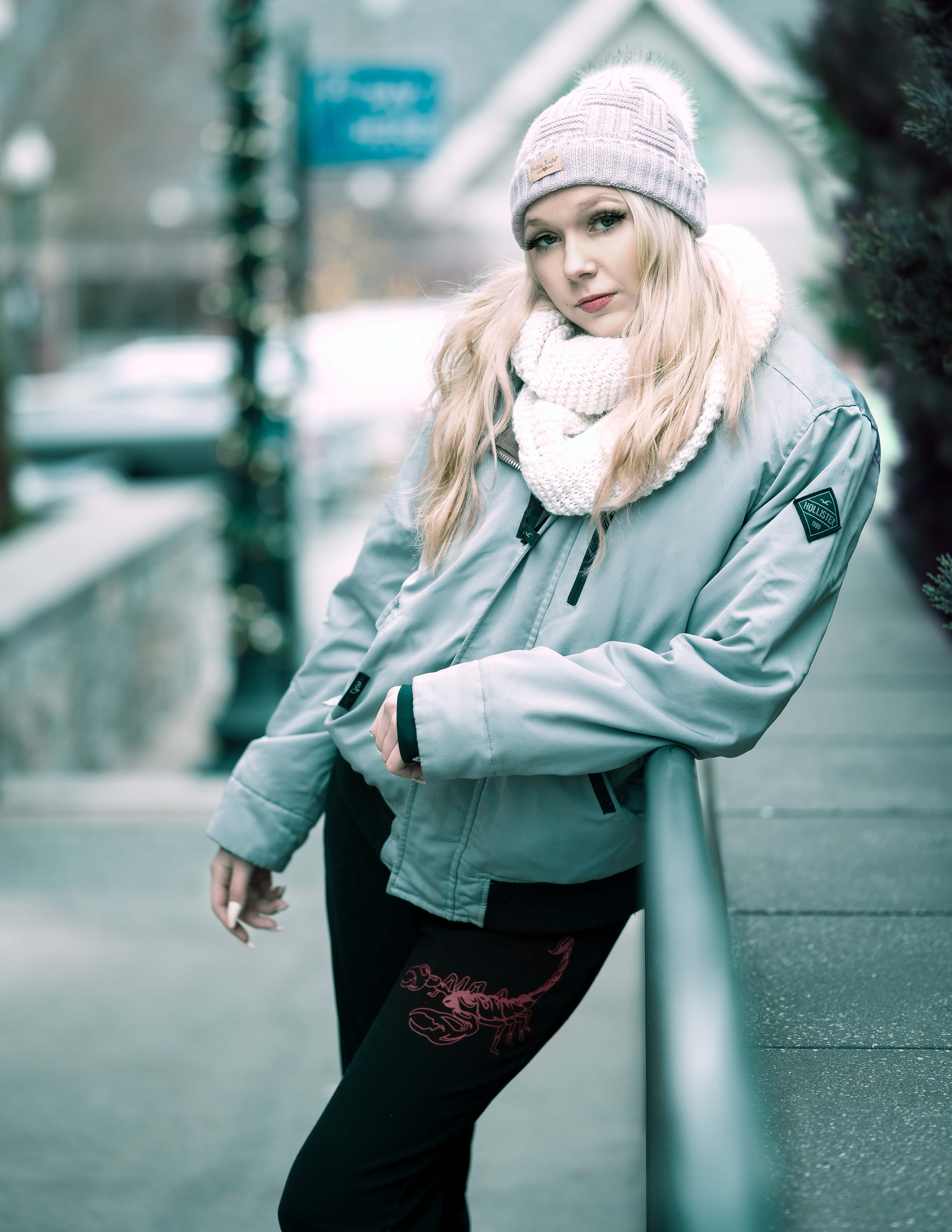 Winter themed portrait photo of Amanda in an urban setting