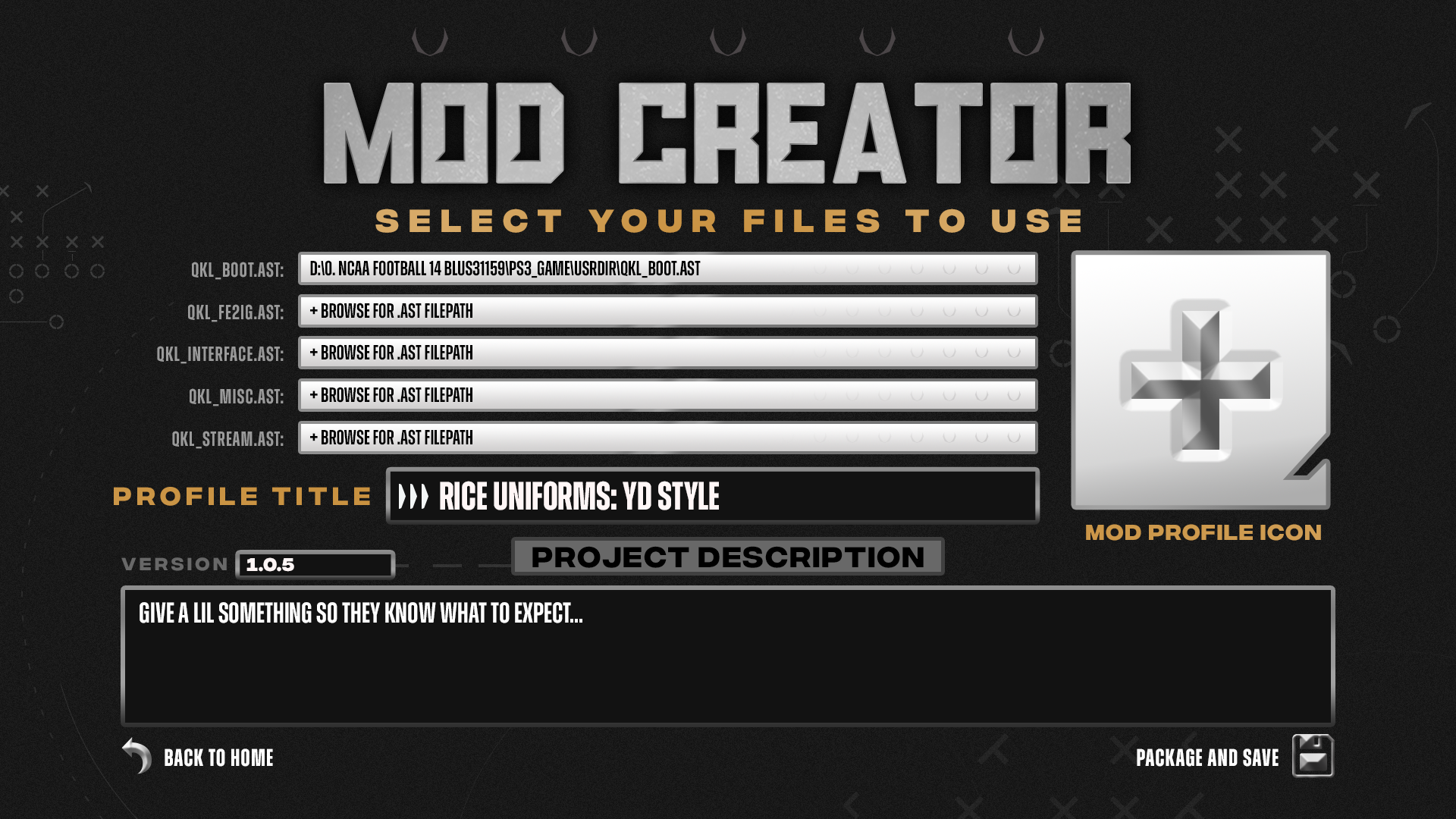 Mod creator: allowing the user to package and distribute a mod of their own