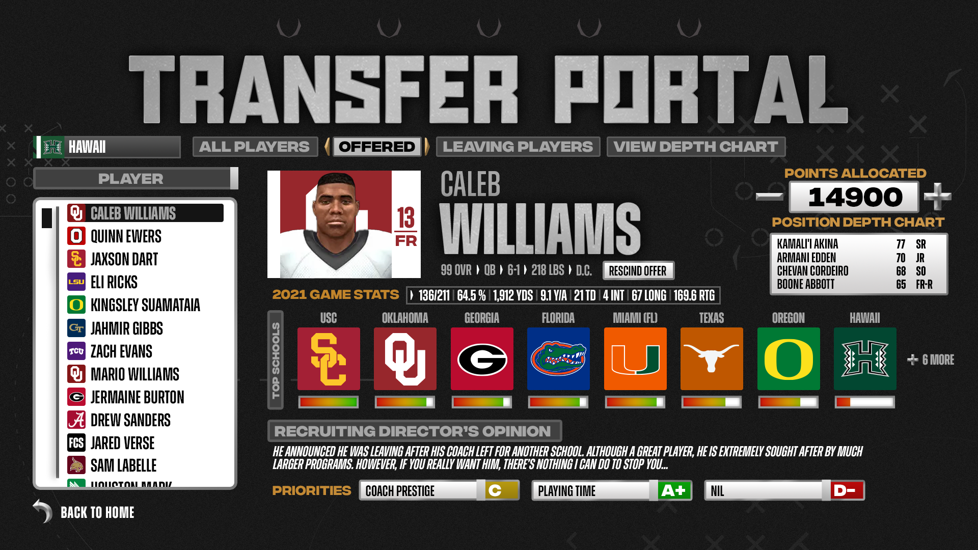 Transfer portal player page, alling the user to see a more detailed view of the player that they've offered.