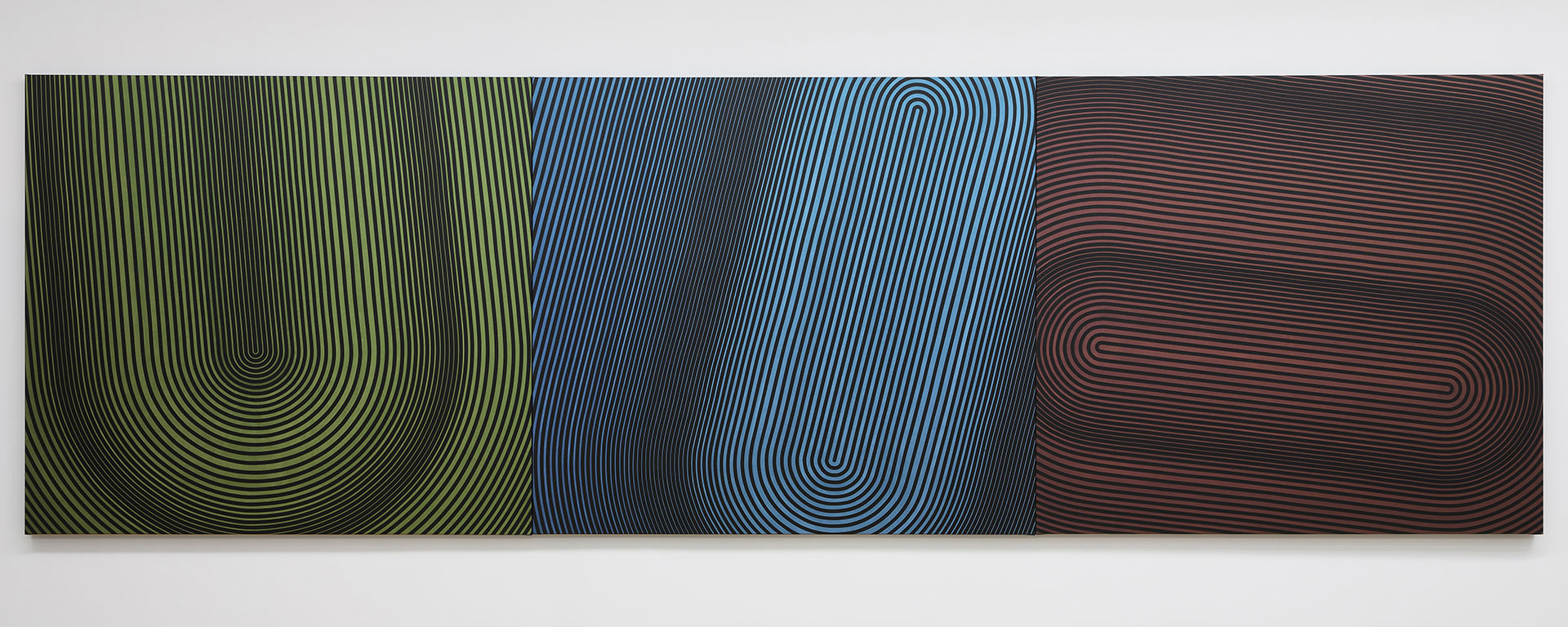 Laurent Galland, "construction répétitive 43 décomposée", 2022, acrylique sur toile, triptyque 150 x 495 cm