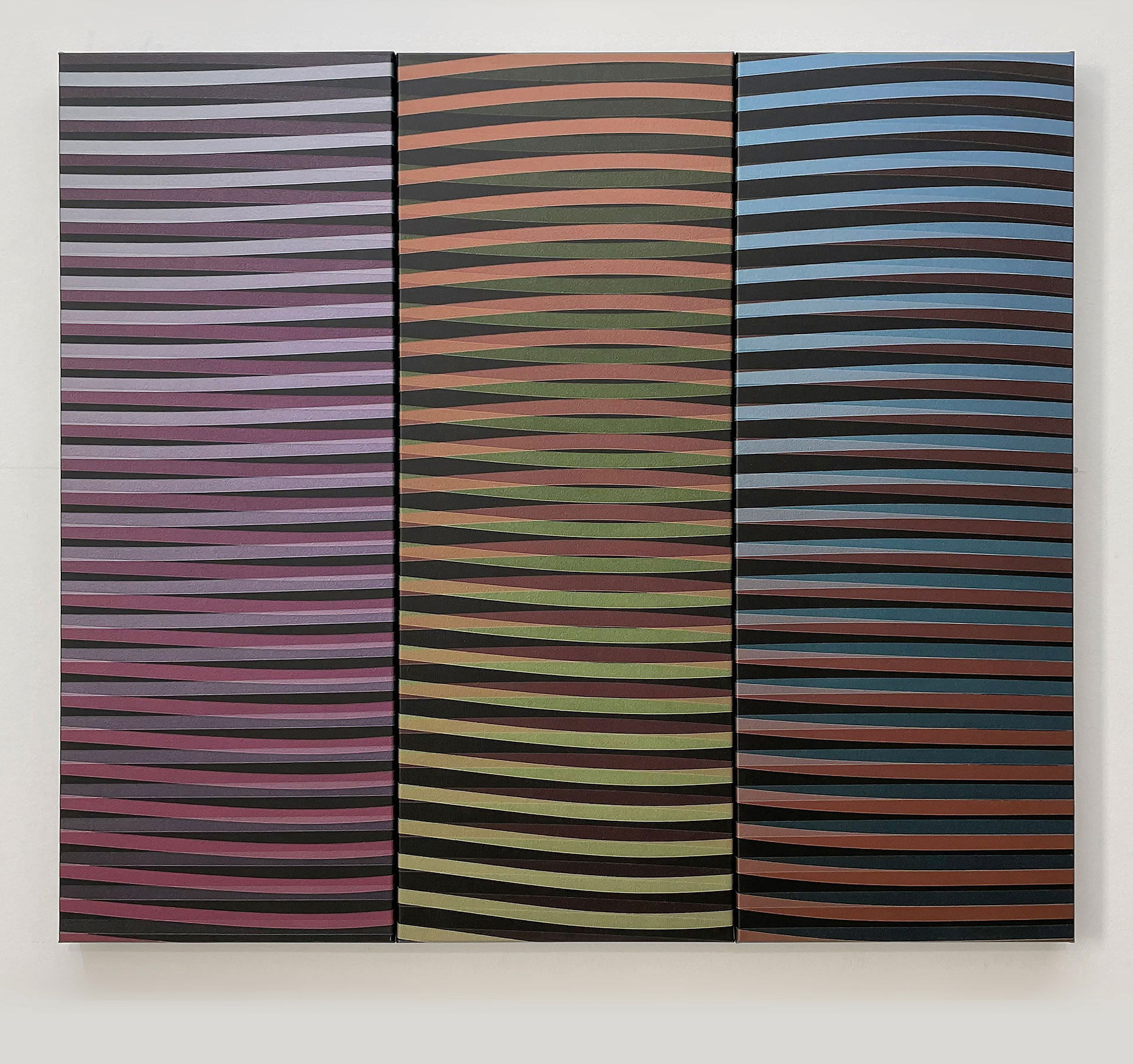 laurent galland "construction répétitive 53", 2023, acrylique sur toile, triptyque 80 x 90 cm
