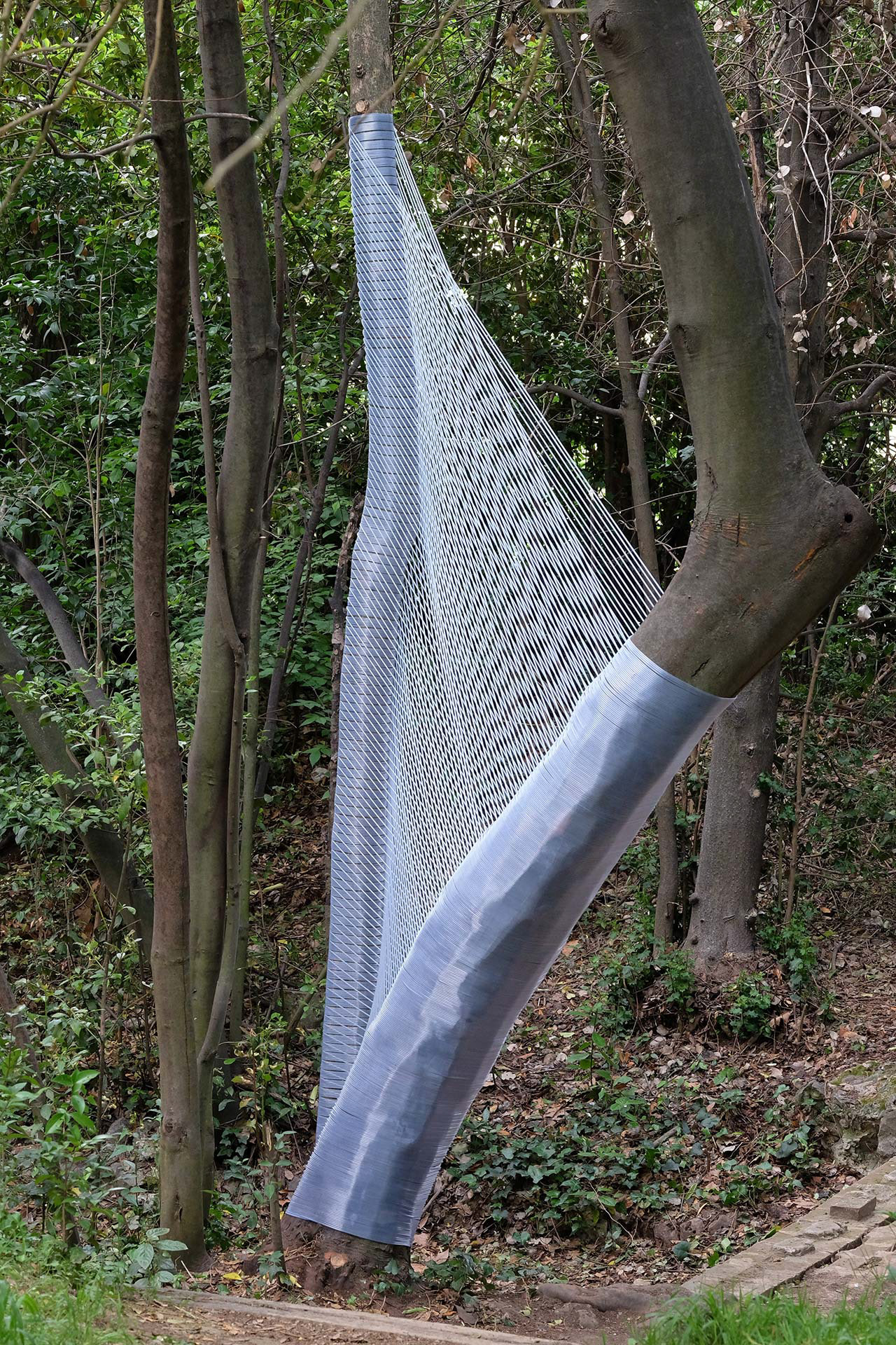 « Arbres scoubidou », 15ème édition des "Arts Éphémères - Occurrence" Marseille mai 2022. Installation in-situ en fil PVC translucide de Ø 5mm. Dimensions : environ 450 x 350 x 150 cm. Deux arbres aux troncs disparates communiquent visuellement l’un avec l’autre dans une sorte de symbiose, qui révèle une intimité entre deux éléments hétéroclites. Le fil polyester est translucide de façon à ce que la structure change d’aspect selon la lumière du moment et de la situation du regardeur. Ainsi, à l’instar d’une toile d’araignée s’invitant dans le milieu naturel, ce grand maillage installé à l’orée d’un sous-bois, bien qu’il s’intègre facilement dans le paysage, appelle, de par son étrangeté plastique à de multiples évocations poétiques comme ésotériques.©photo Arnaud Duboistesselin