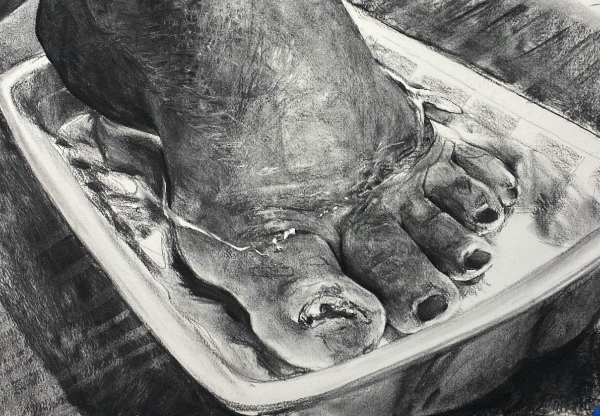 Mom's Toe, charcoal on paper, 15" x 22", 2023