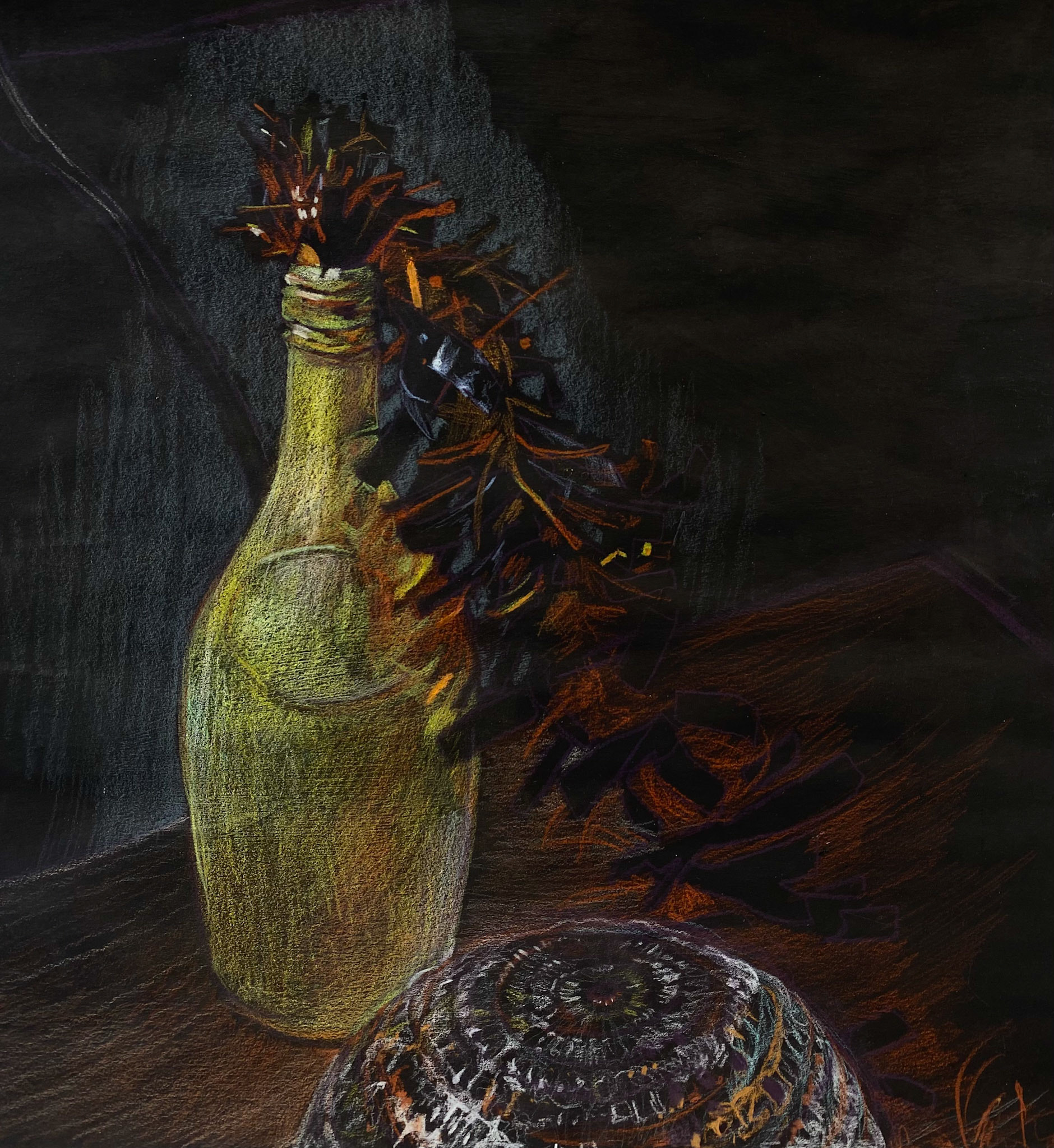 Still Life with Tinsel, colored pencil on black gesso paper, 2023