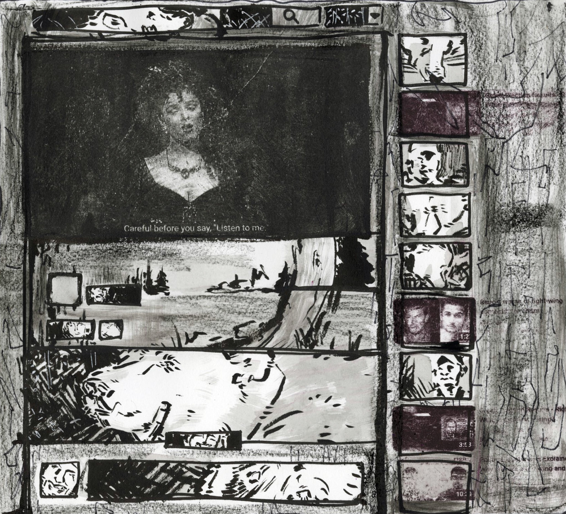 Careful, ink, pastel, and photo litho transfer on xante print, 10" x 11", 2024