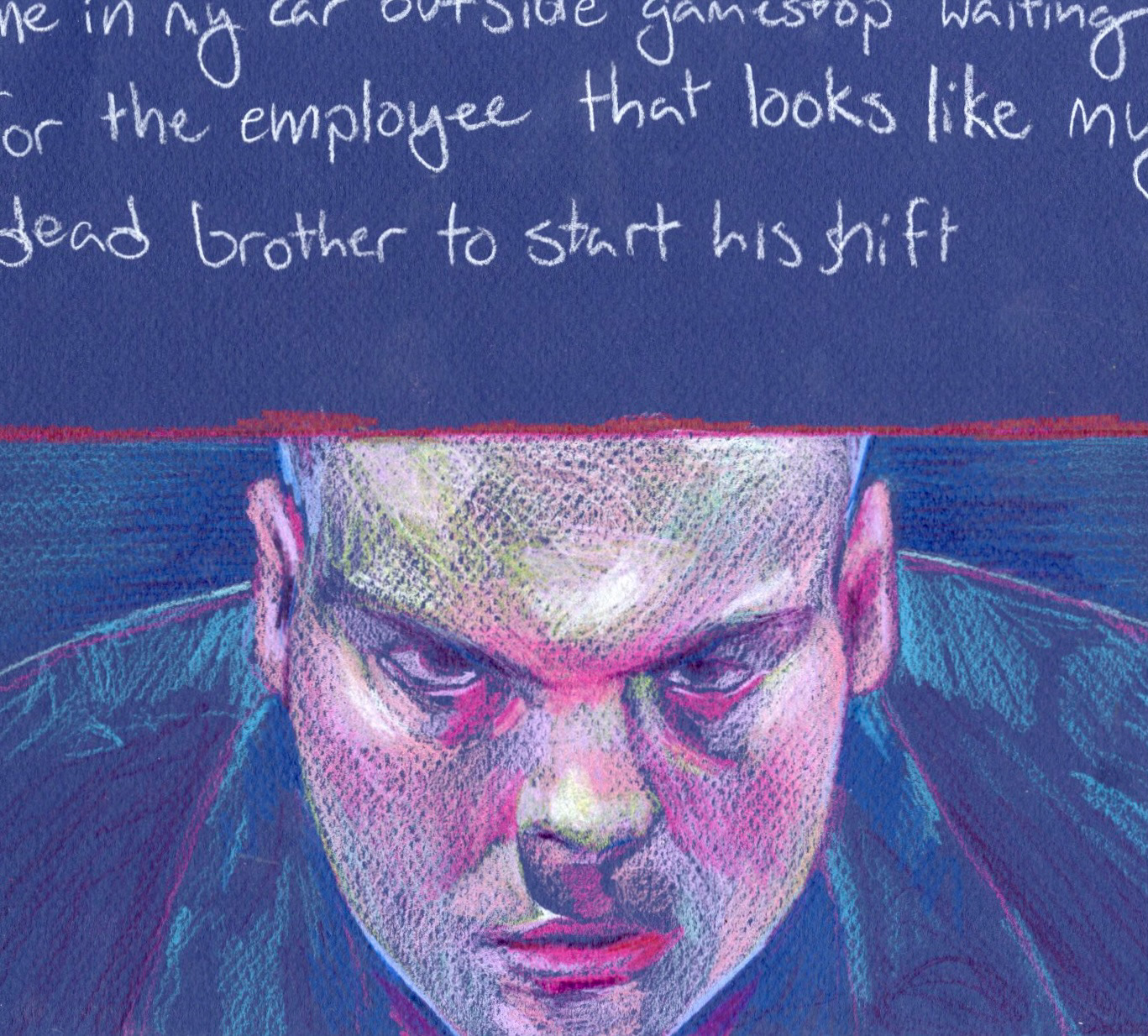 ne ln ny dar uutsiue yamesbop waiting or the employee that looks like m dead brother to sbart his hift, colored pencil, 10" x 11", 2024