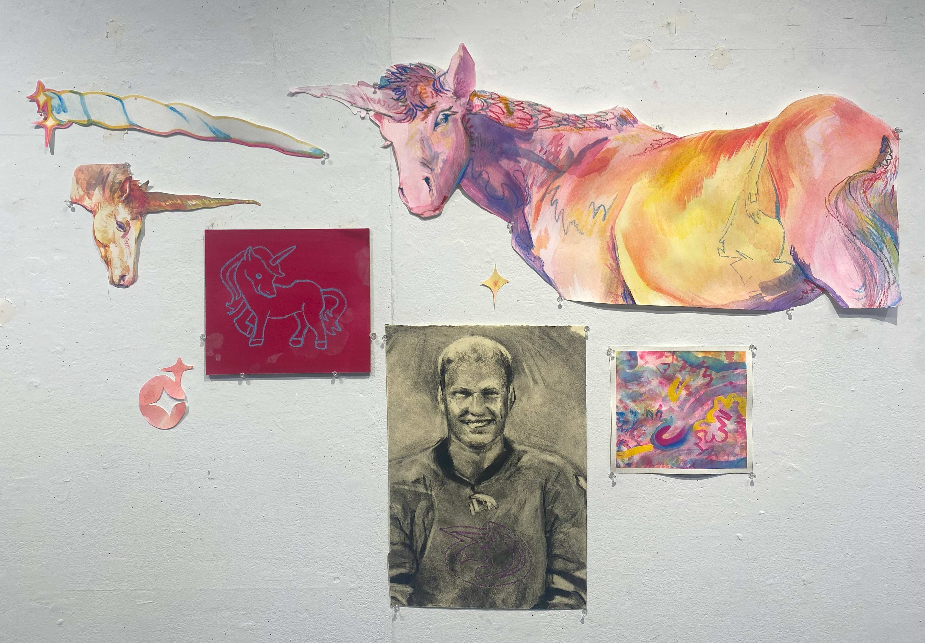 Unicorn, pastel, watercolor, collage, colored pencil, 2025