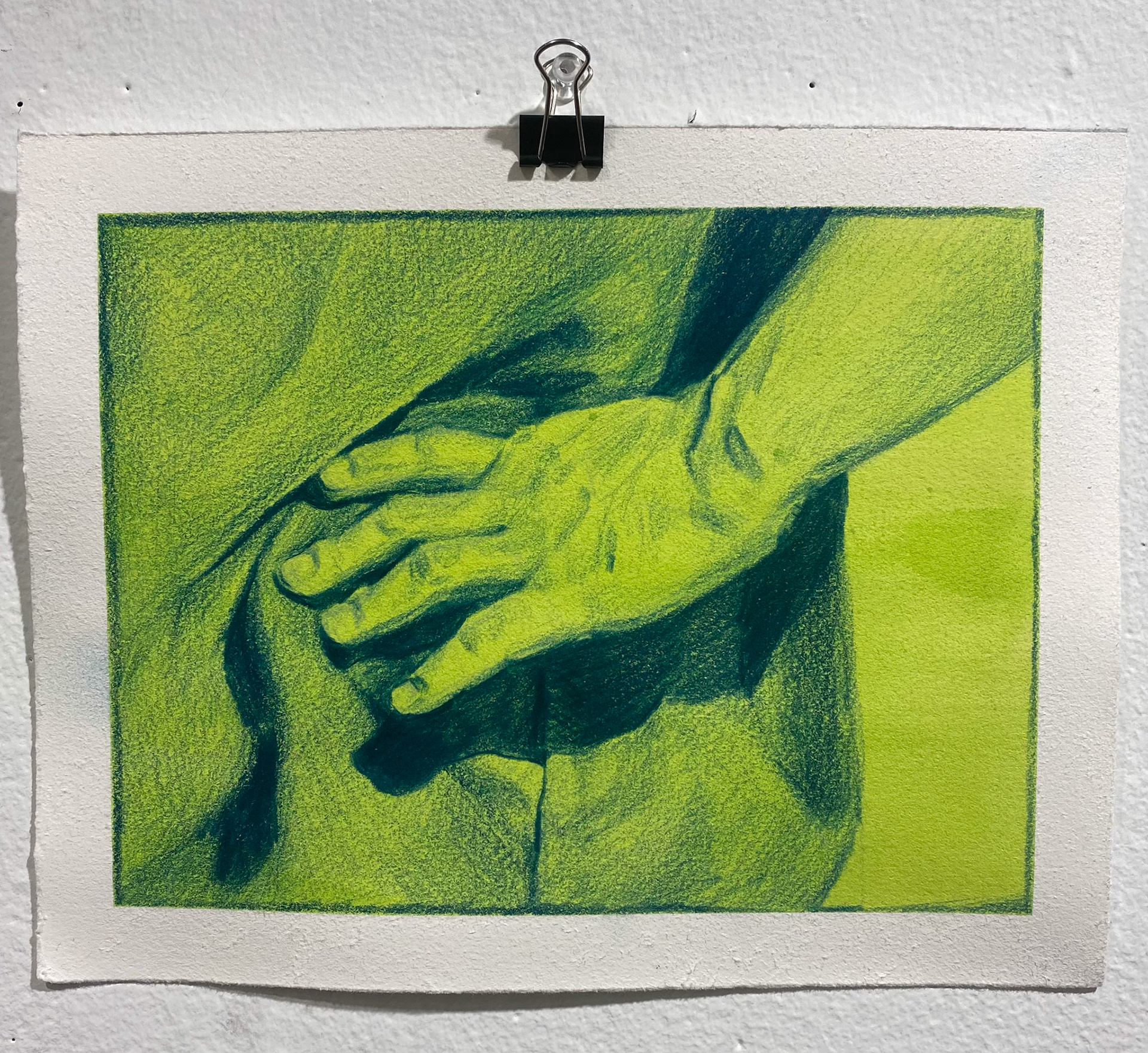 Toxic Hand, gouache and colored pencil on BFK, 8" x 10", 2023