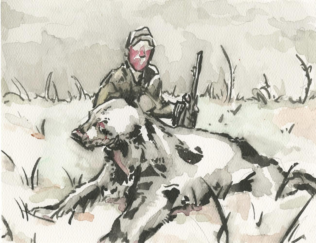 Hunter, ink and watercolor on paper, 5" x 7", 2022