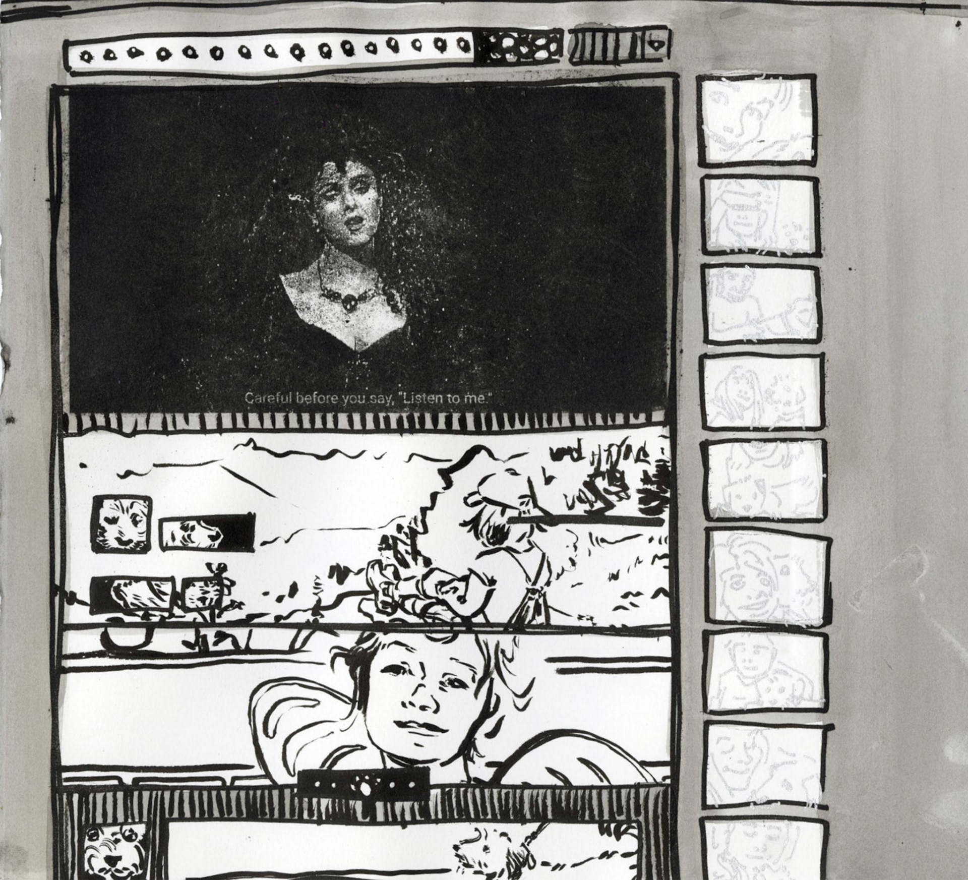 Listening, ink, gouache, and photo litho transfer on xante print, 10" x 11", 2024
