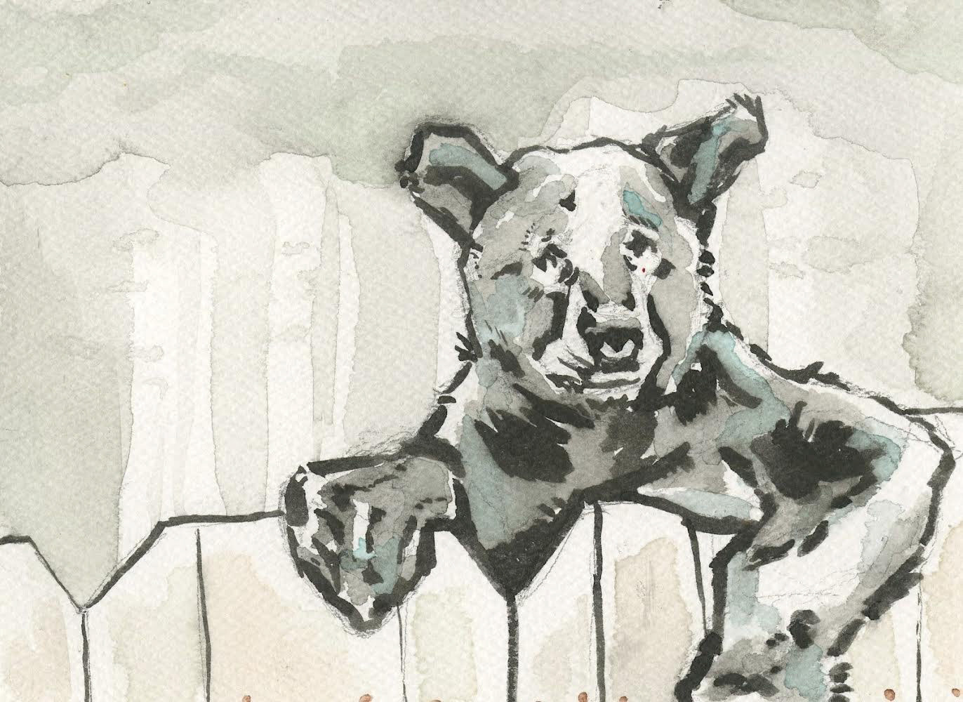 Visitor, ink and watercolor on paper, 4" x 6", 2022