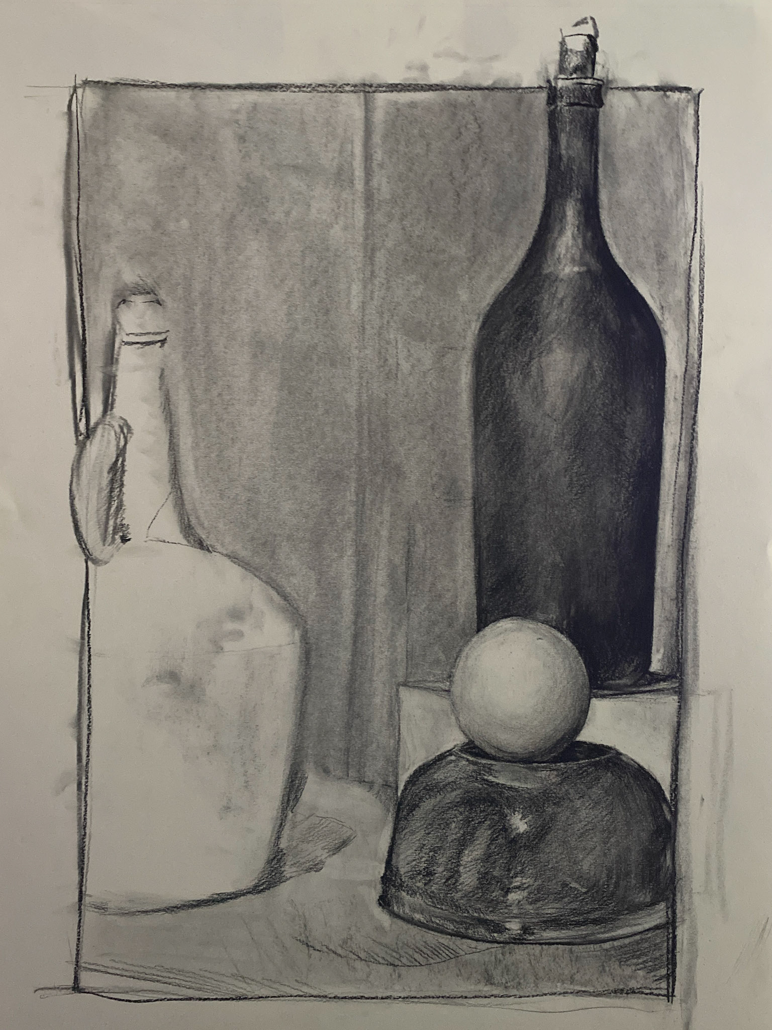 Still life with Ceramic Ball, charcoal on paper, 18" x 24", 2022 2022