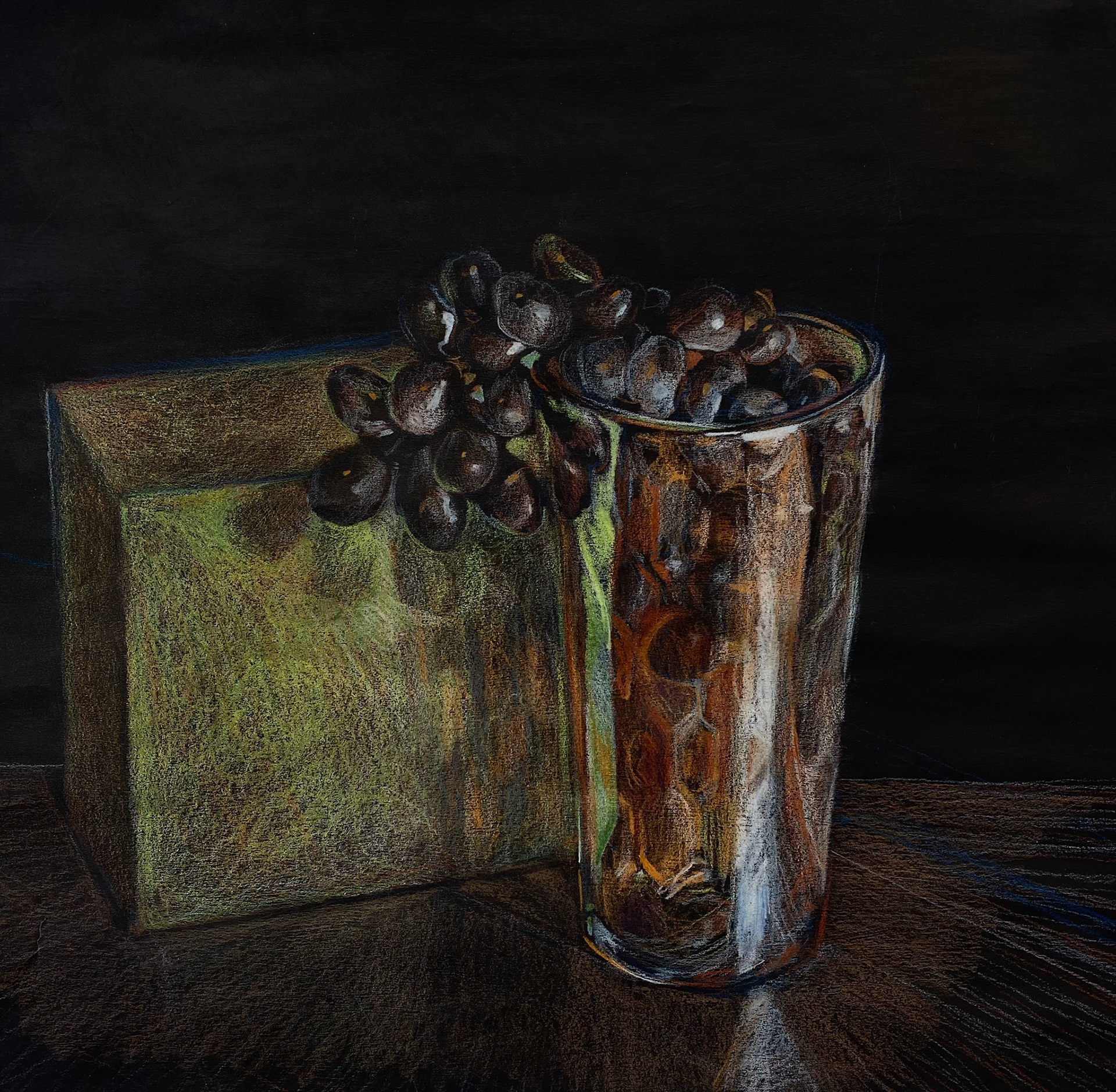 Still Life with Grapes, colored pencil on black gesso paper, 2023