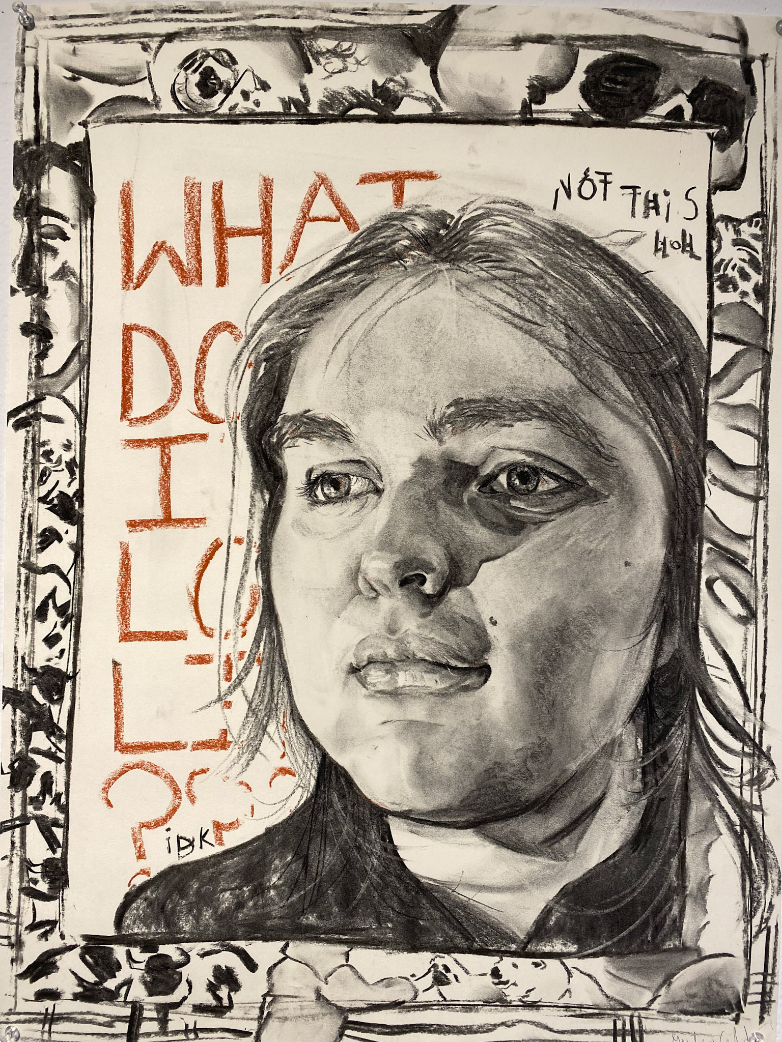Self Portrait, charcoal on paper, 18" x 24", 2023