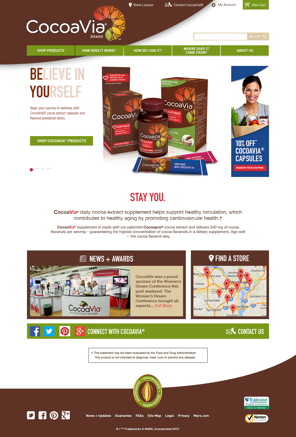 This is the re-design I created of of the CocoaVia website in 2015. The swoosh pattern mimics the CocoaVia packaging. 
